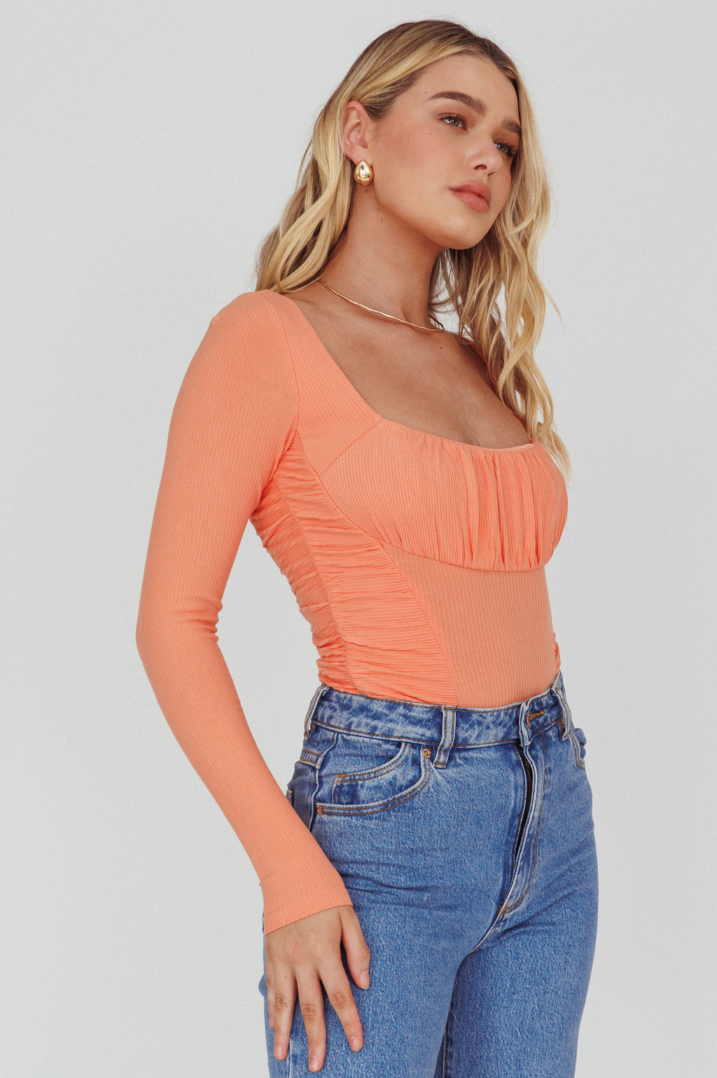 Bobbi Long Sleeve Ruched Side Ribbed Bodysuit Orange by Selfie Leslie Australia