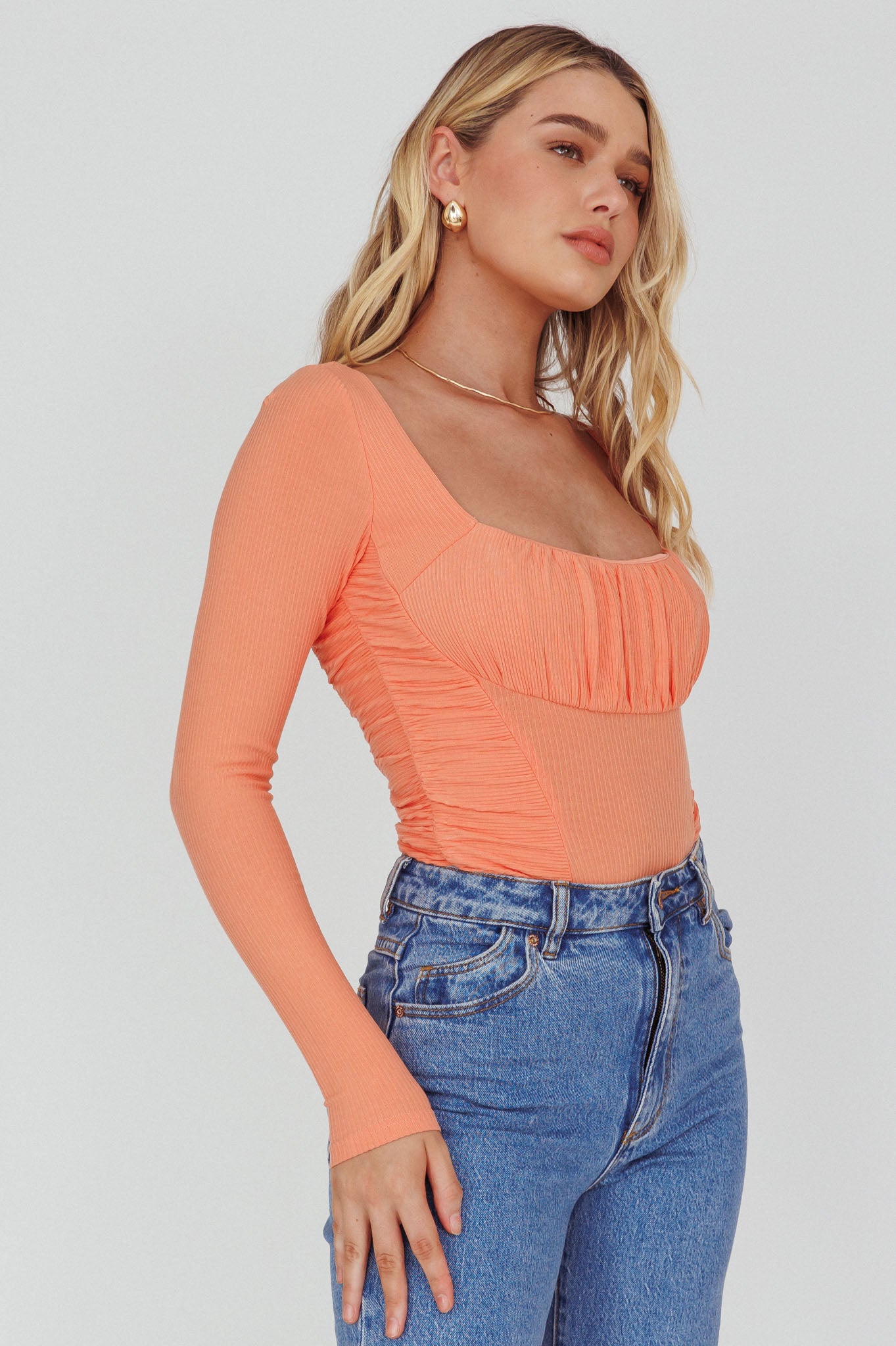 Bobbi Long Sleeve Ruched Side Ribbed Bodysuit Orange by Selfie Leslie Australia