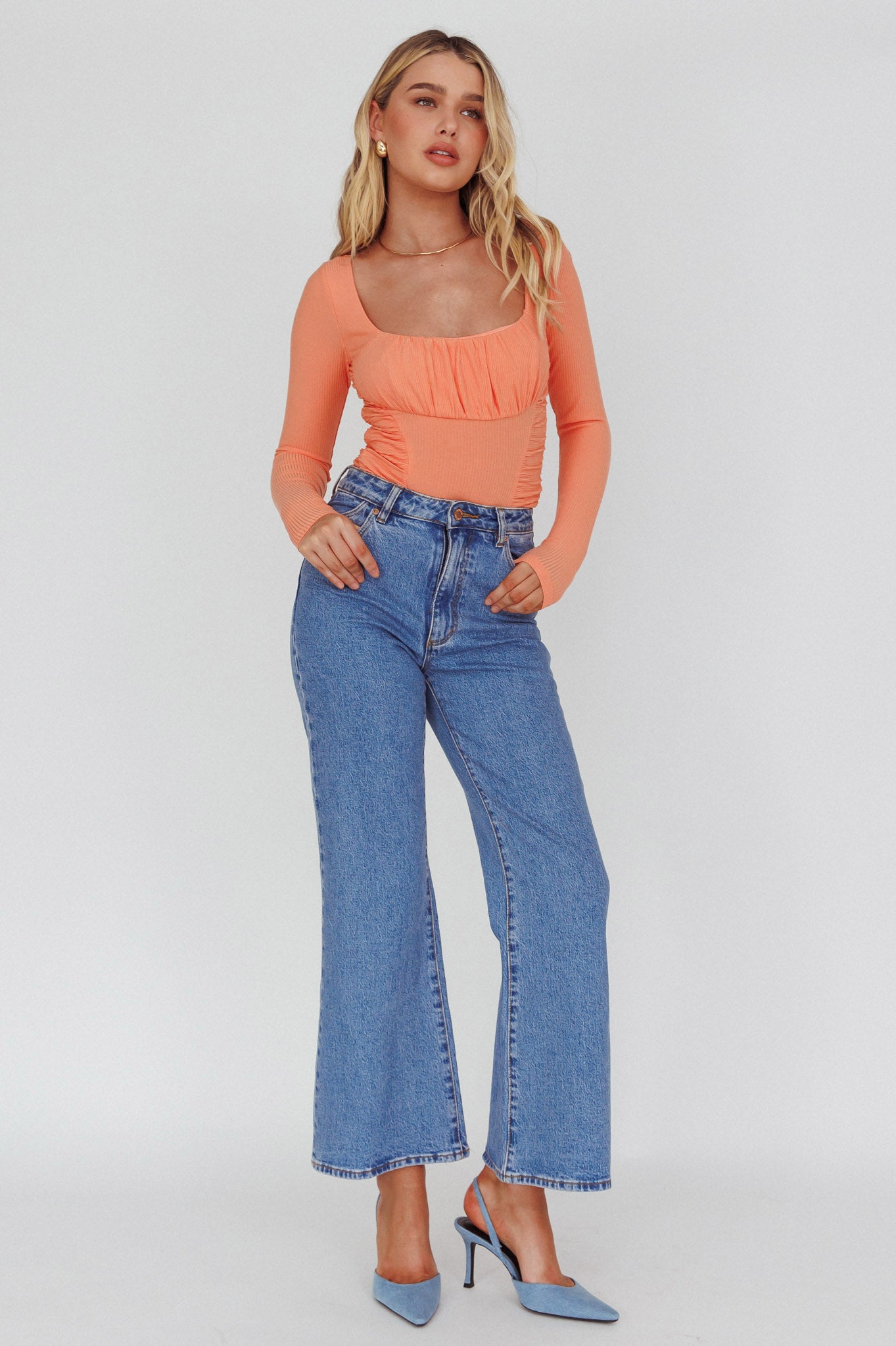 Bobbi Long Sleeve Ruched Side Ribbed Bodysuit Orange by Selfie Leslie Australia