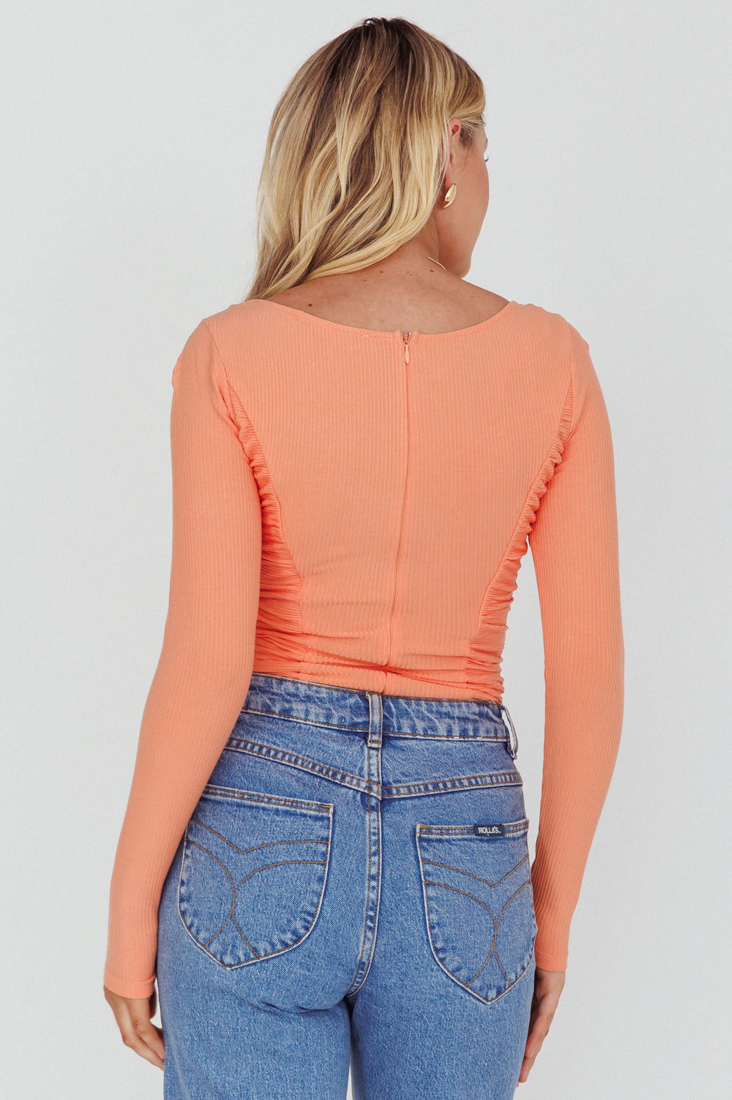 Bobbi Long Sleeve Ruched Side Ribbed Bodysuit Orange by Selfie Leslie Australia