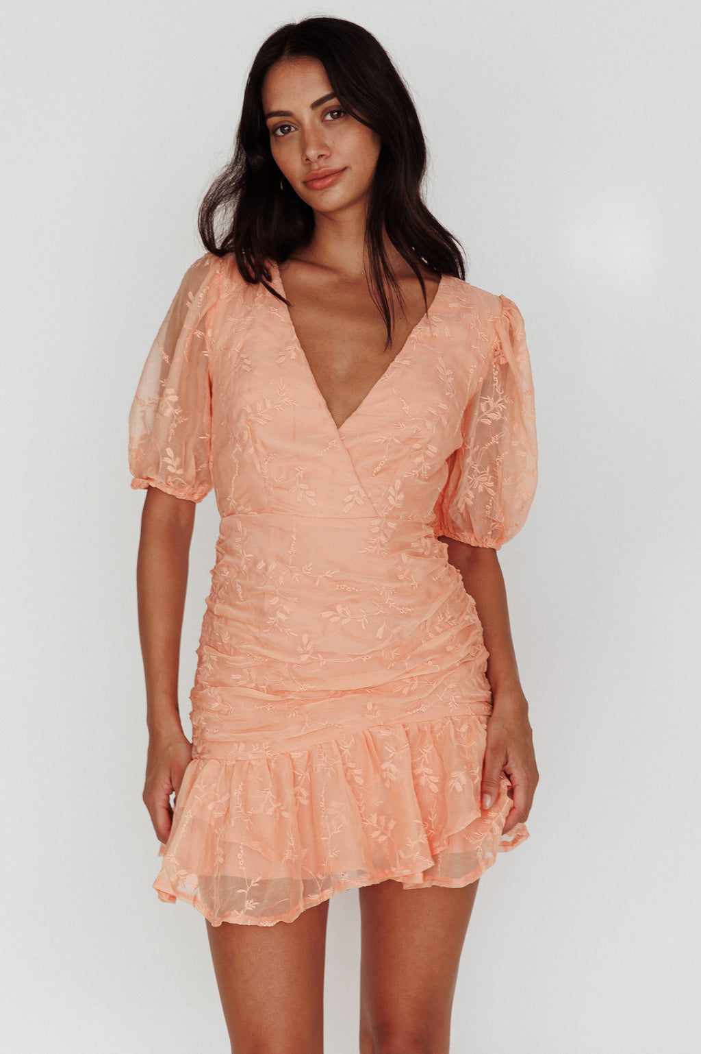 Cherry Blossom Puff Sleeve Wide Ruffle Hem Dress Orange by Selfie Leslie Australia