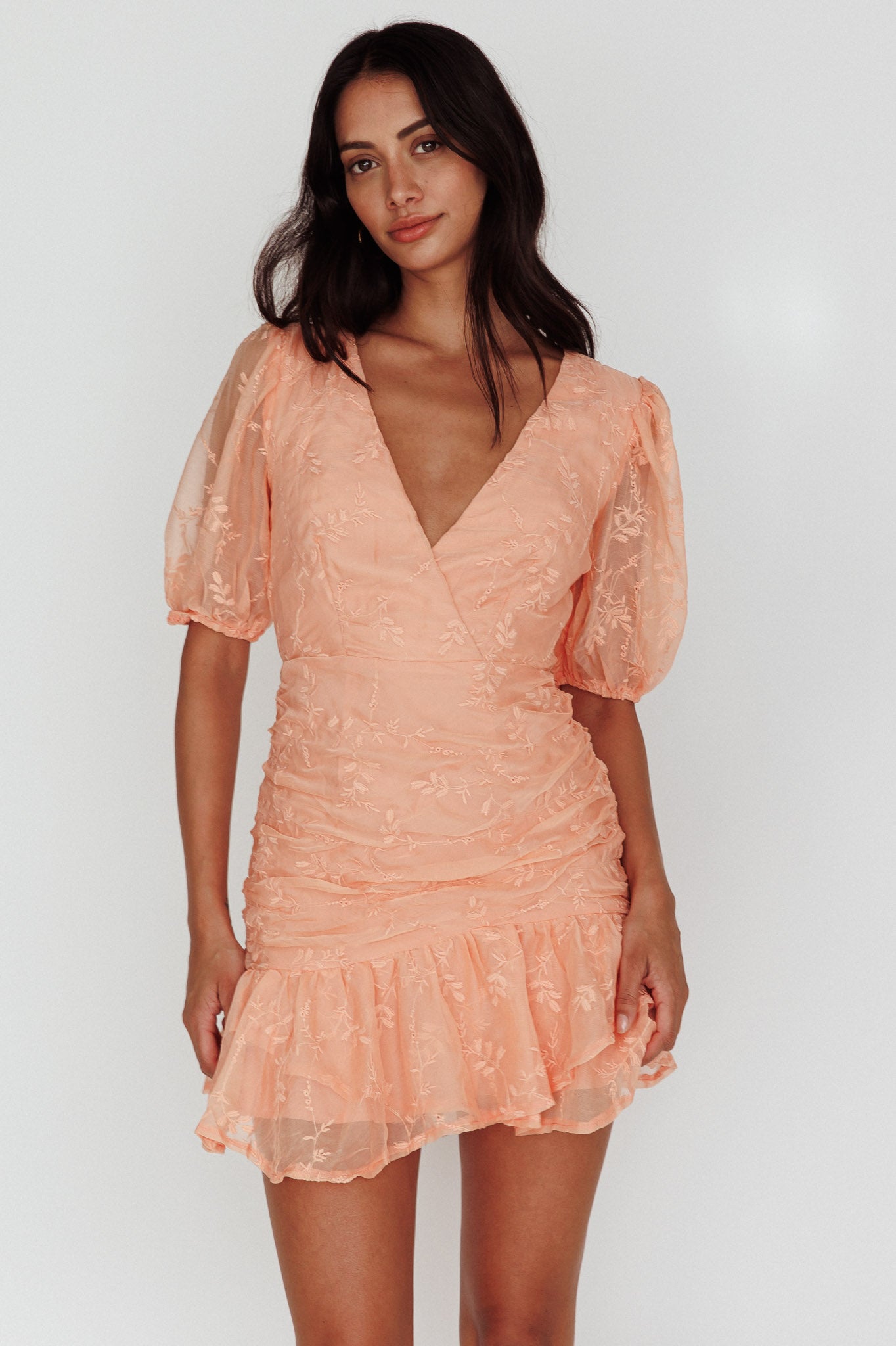 Cherry Blossom Puff Sleeve Wide Ruffle Hem Dress Orange by Selfie Leslie Australia