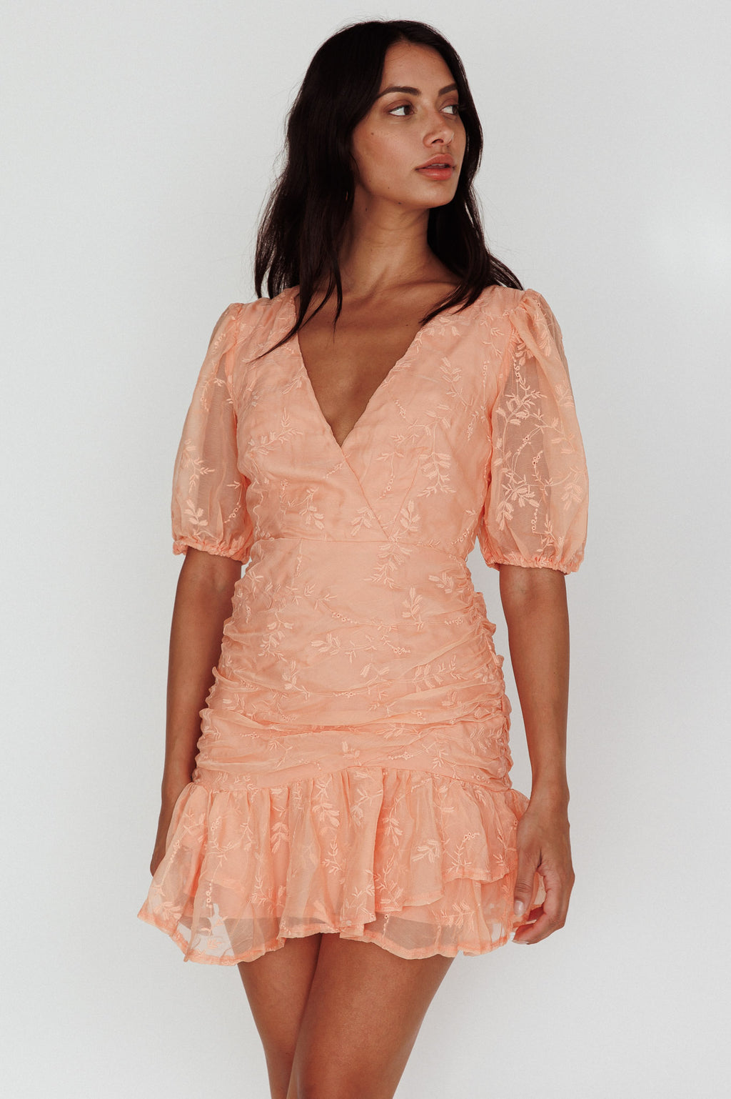 Cherry Blossom Puff Sleeve Wide Ruffle Hem Dress Orange by Selfie Leslie Australia