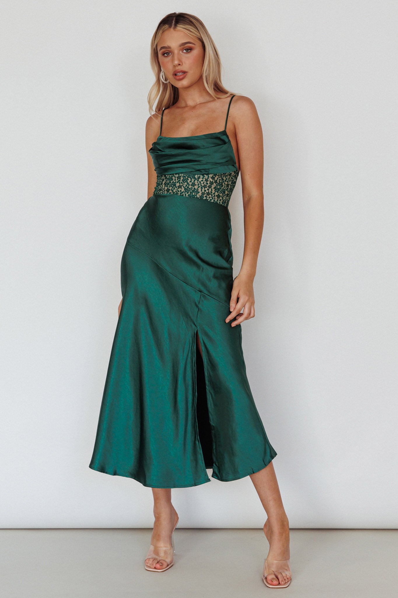 Golden Era Cowl Neck Lace Waist Midi Dress Jade by Selfie Leslie Australia