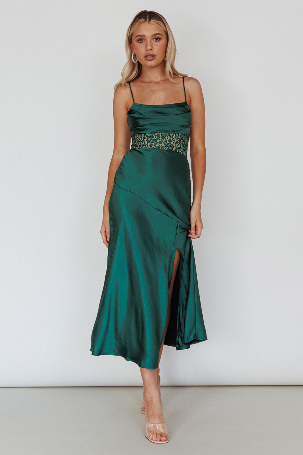 Golden Era Cowl Neck Lace Waist Midi Dress Jade by Selfie Leslie Australia