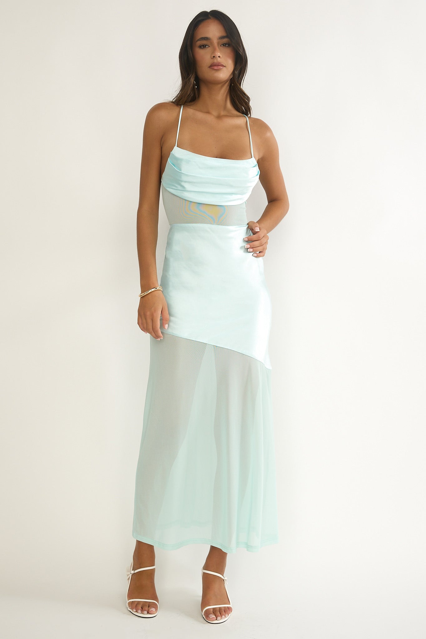 Golden Era Sheer Waist Maxi Dress Aqua Blue by Selfie Leslie Australia