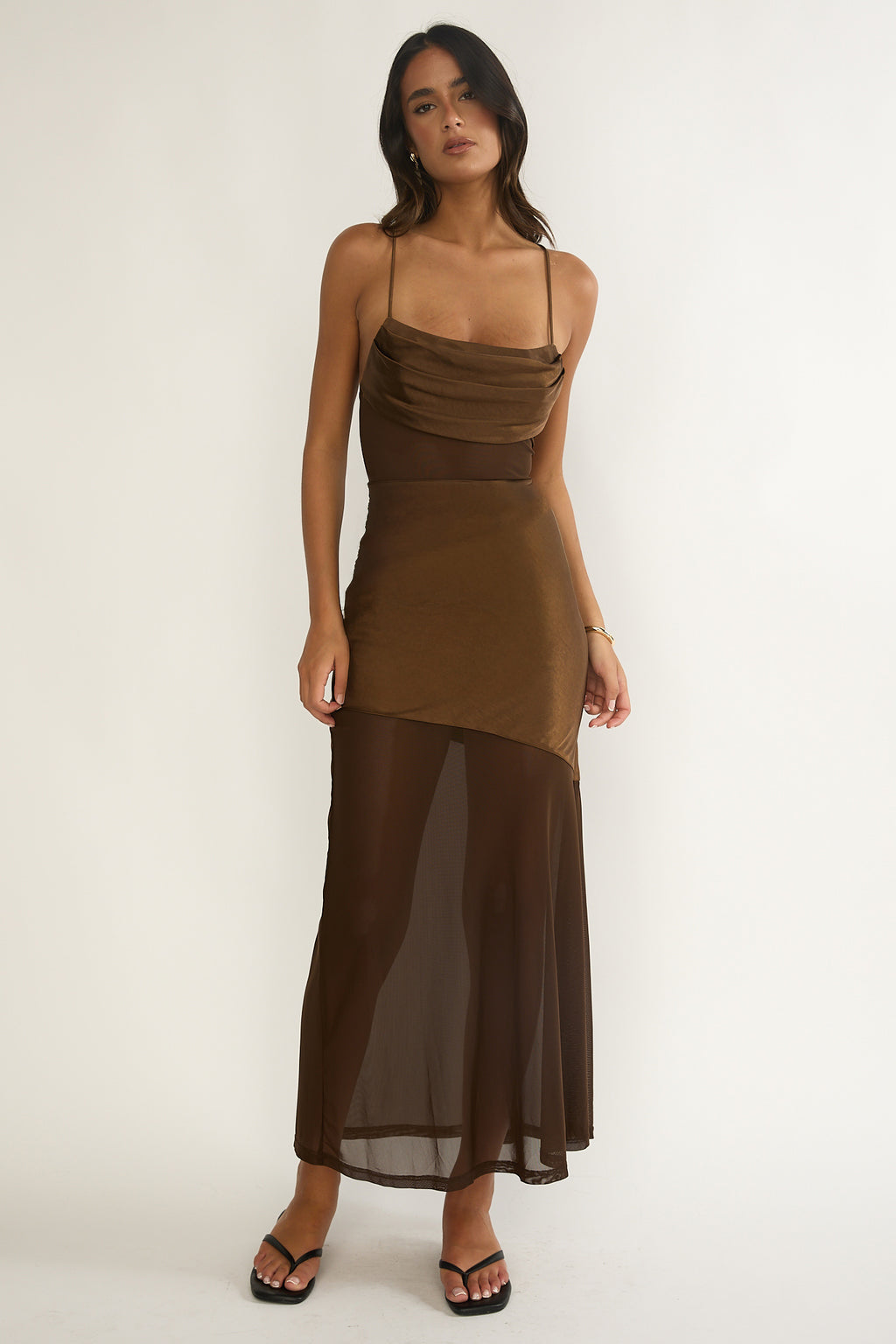 Golden Era Sheer Waist Maxi Dress Chocolate by Selfie Leslie Australia