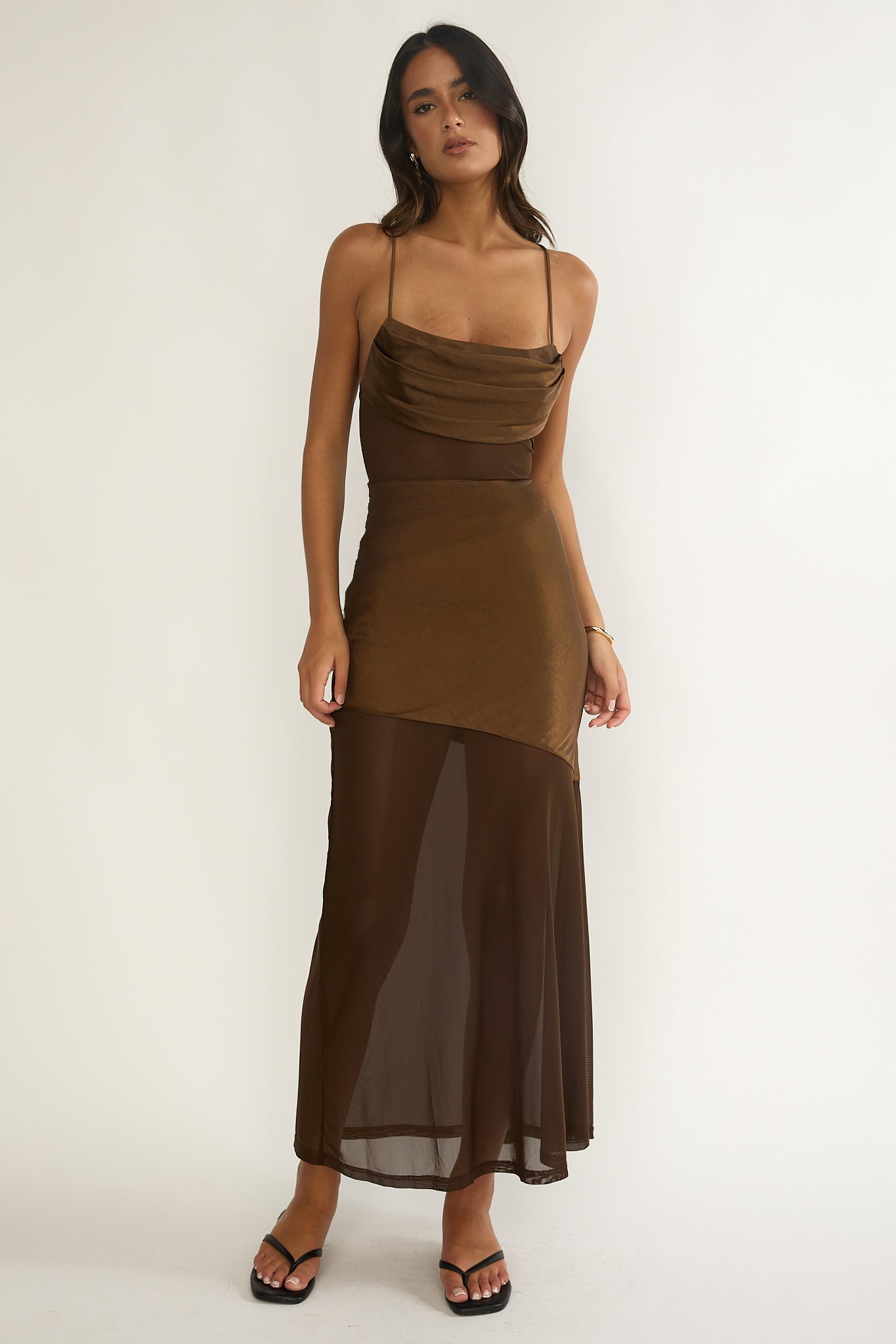 Golden Era Sheer Waist Maxi Dress Chocolate by Selfie Leslie Australia