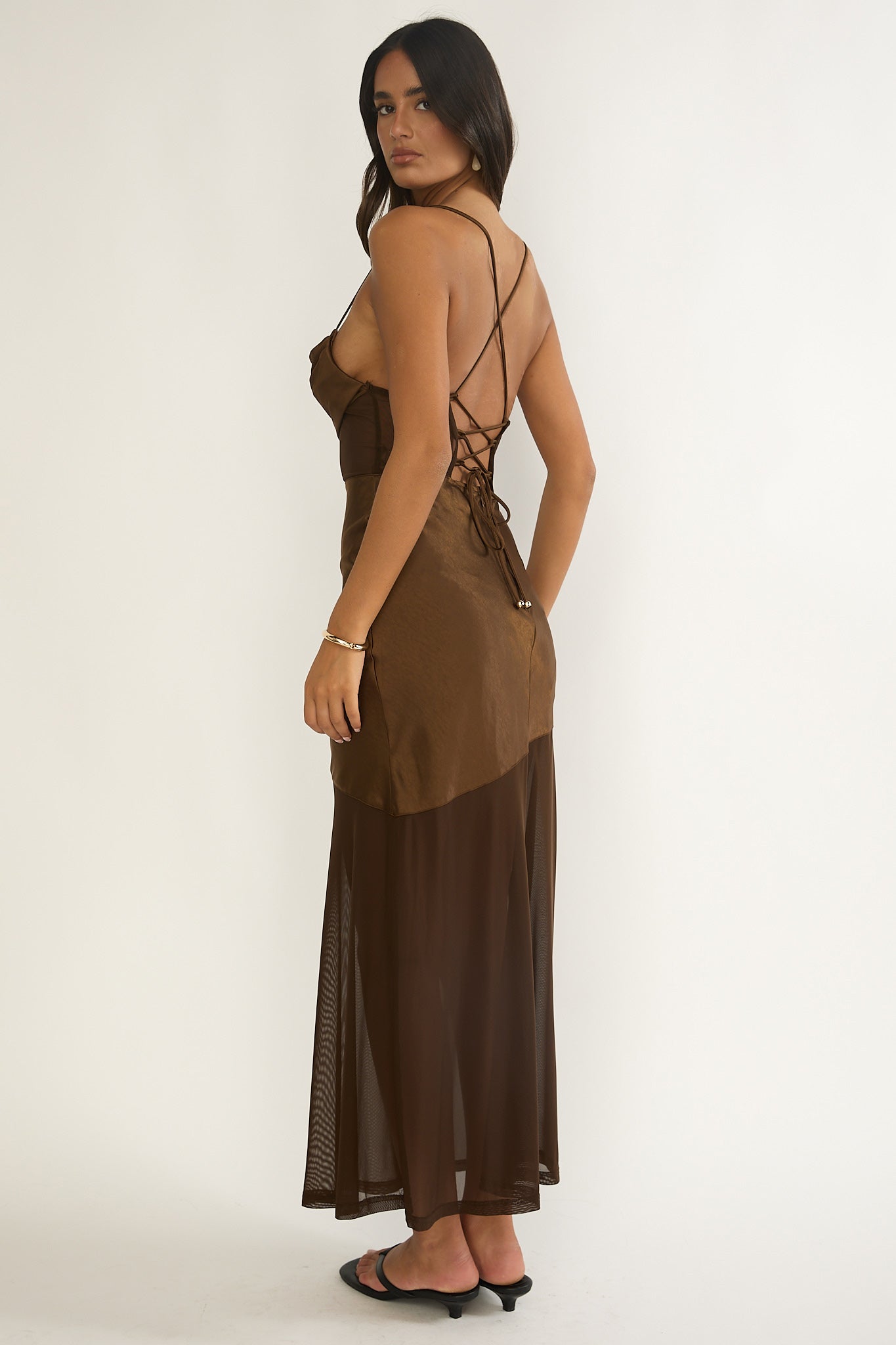 Golden Era Sheer Waist Maxi Dress Chocolate by Selfie Leslie Australia