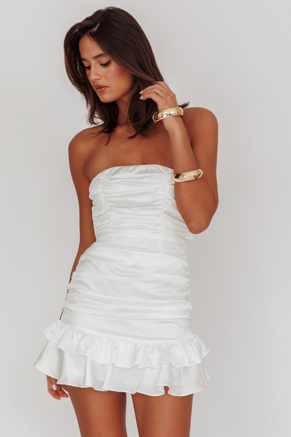 Annabella Strapless Tied Back Satin Mini Dress White by Selfie Leslie Australia