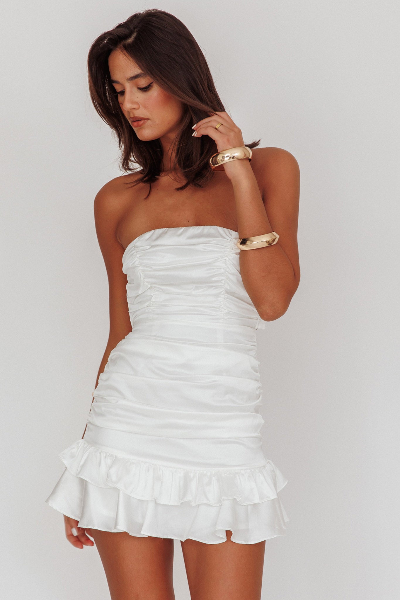 Annabella Strapless Tied Back Satin Mini Dress White by Selfie Leslie Australia