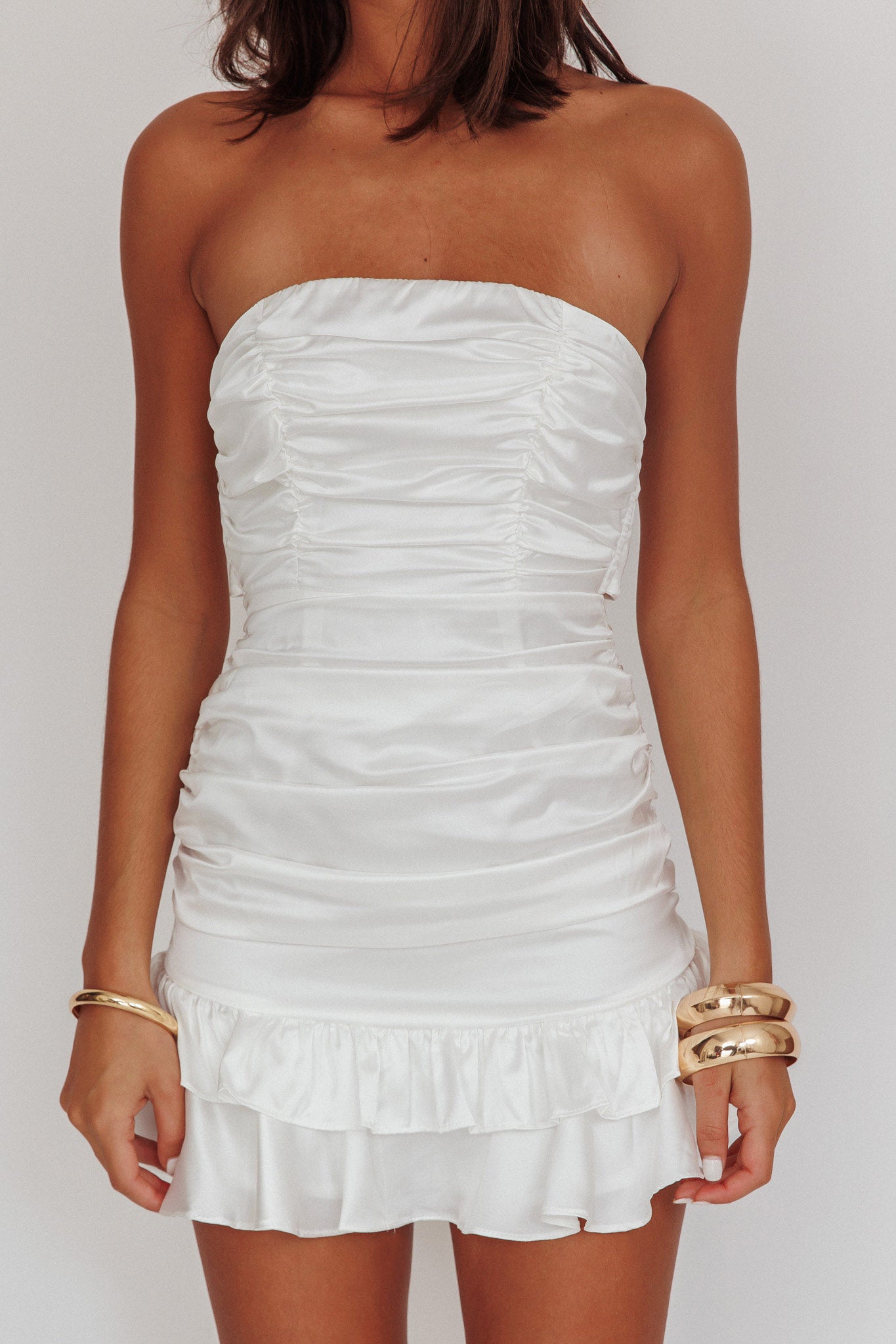 Annabella Strapless Tied Back Satin Mini Dress White by Selfie Leslie Australia