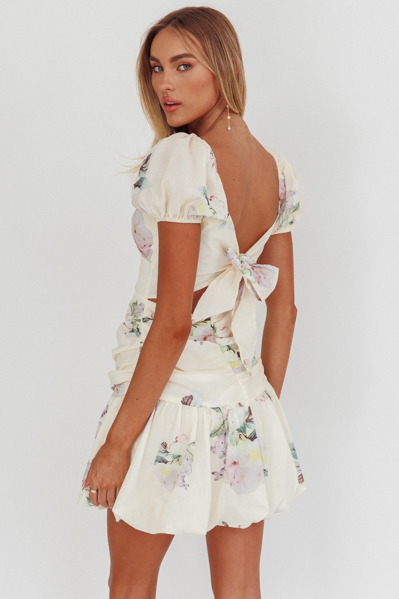 Annabella Puff Sleeve Tied Back Mini Dress Floral Butter by Selfie Leslie Australia