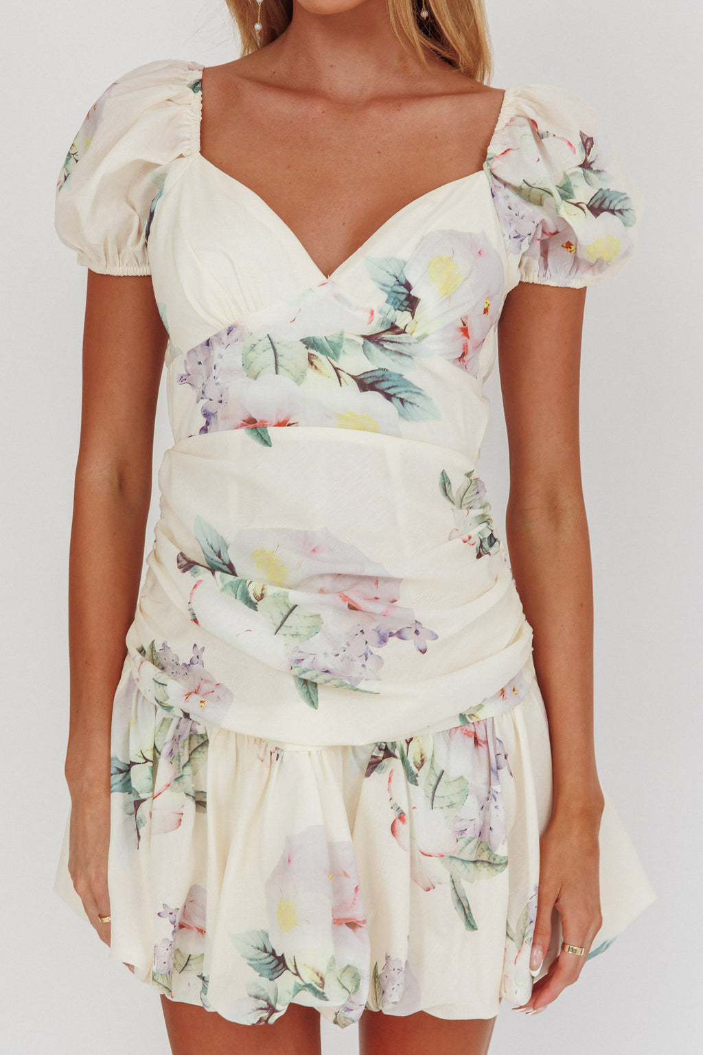 Annabella Puff Sleeve Tied Back Mini Dress Floral Butter by Selfie Leslie Australia