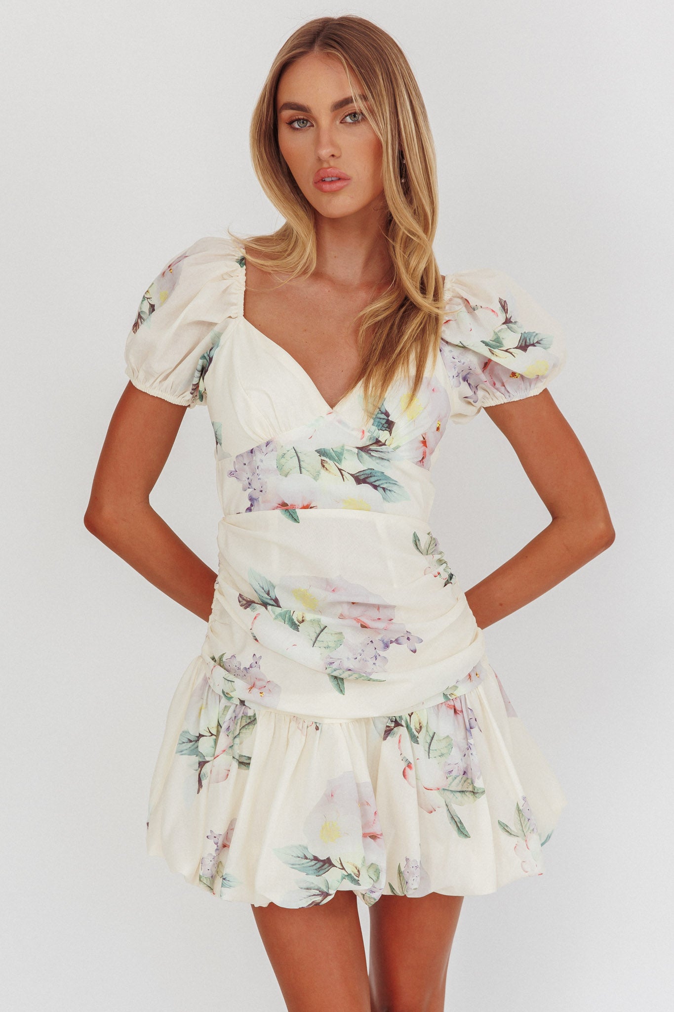 Annabella Puff Sleeve Tied Back Mini Dress Floral Butter by Selfie Leslie Australia
