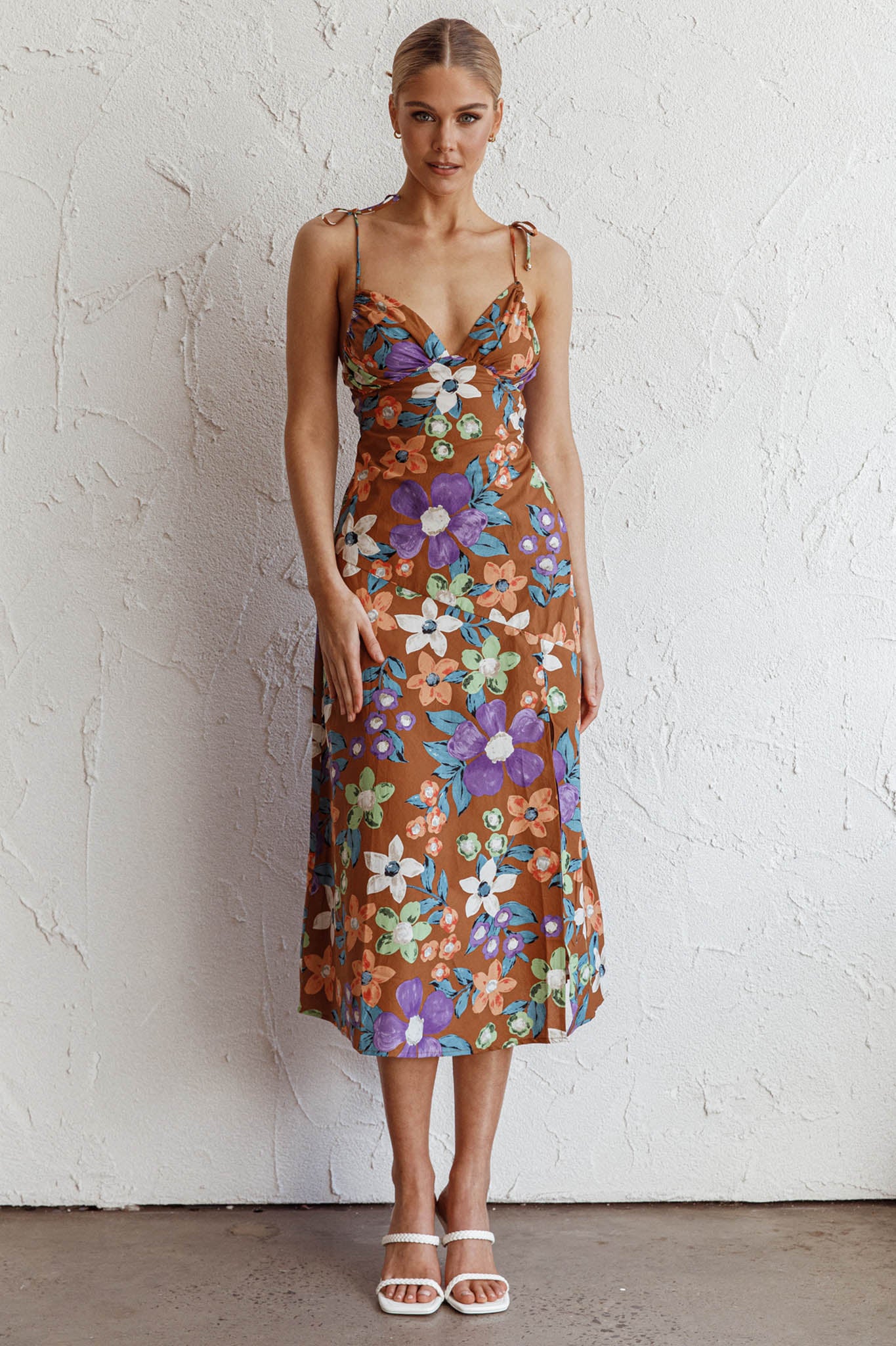 Clovelly Tied Shoulder Midi Dress Flower Terracotta by Selfie Leslie Australia
