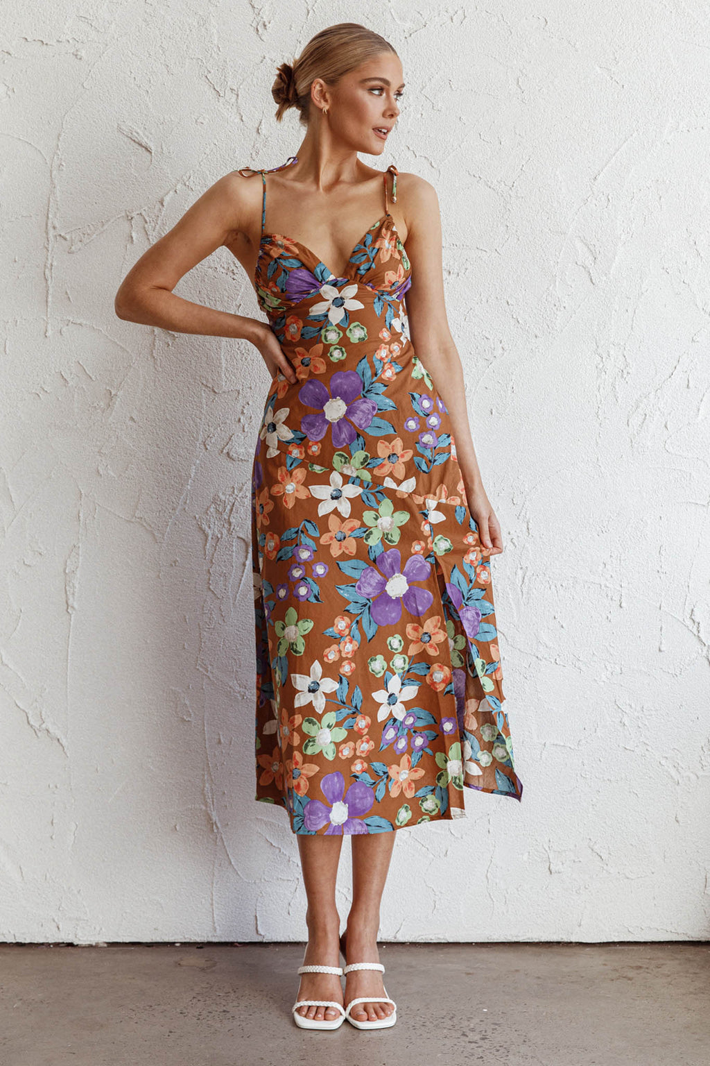 Clovelly Tied Shoulder Midi Dress Flower Terracotta by Selfie Leslie Australia