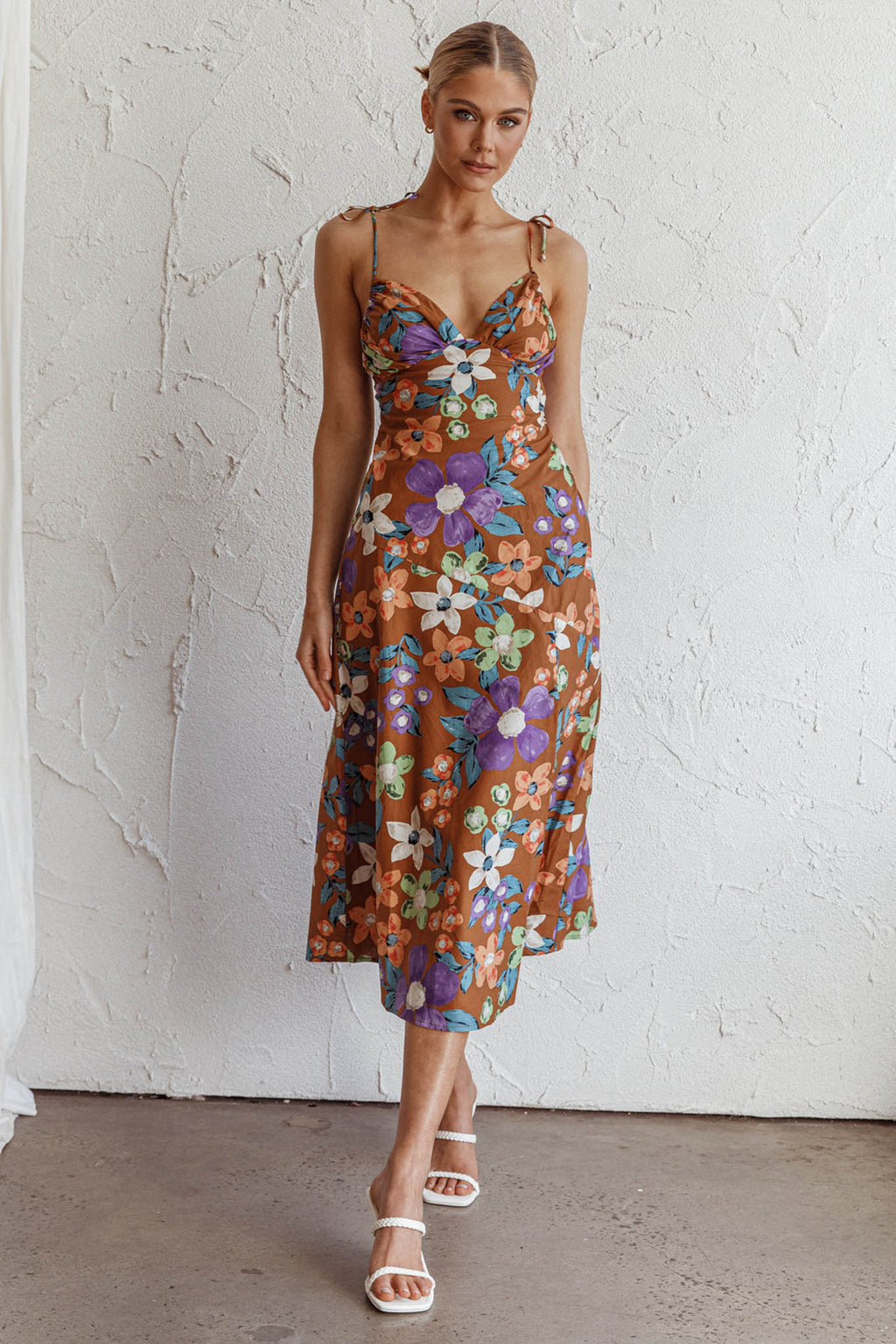 Clovelly Tied Shoulder Midi Dress Flower Terracotta by Selfie Leslie Australia
