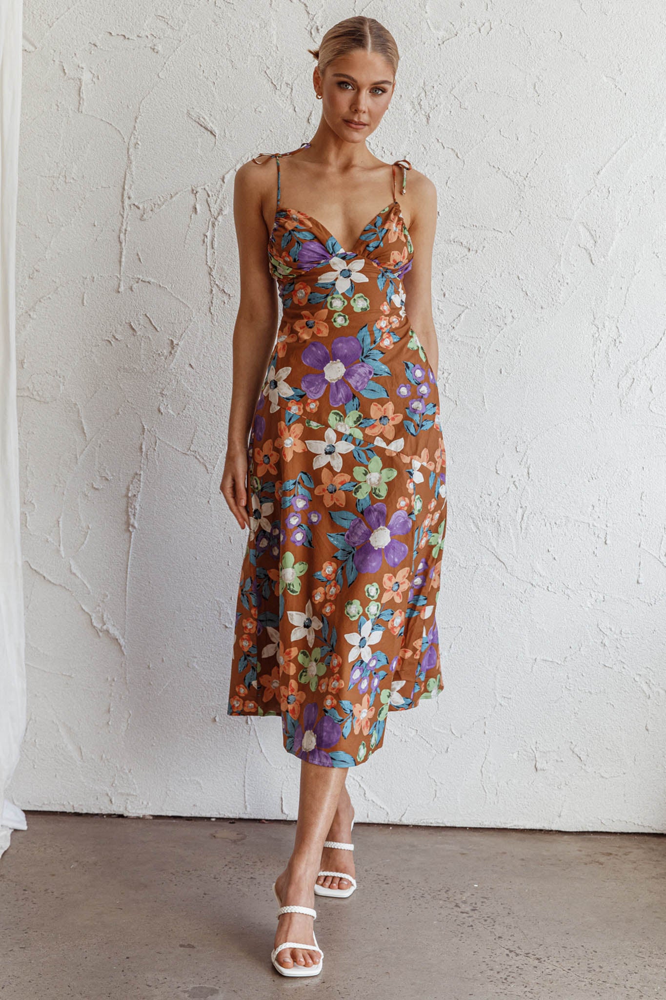 Clovelly Tied Shoulder Midi Dress Flower Terracotta by Selfie Leslie Australia