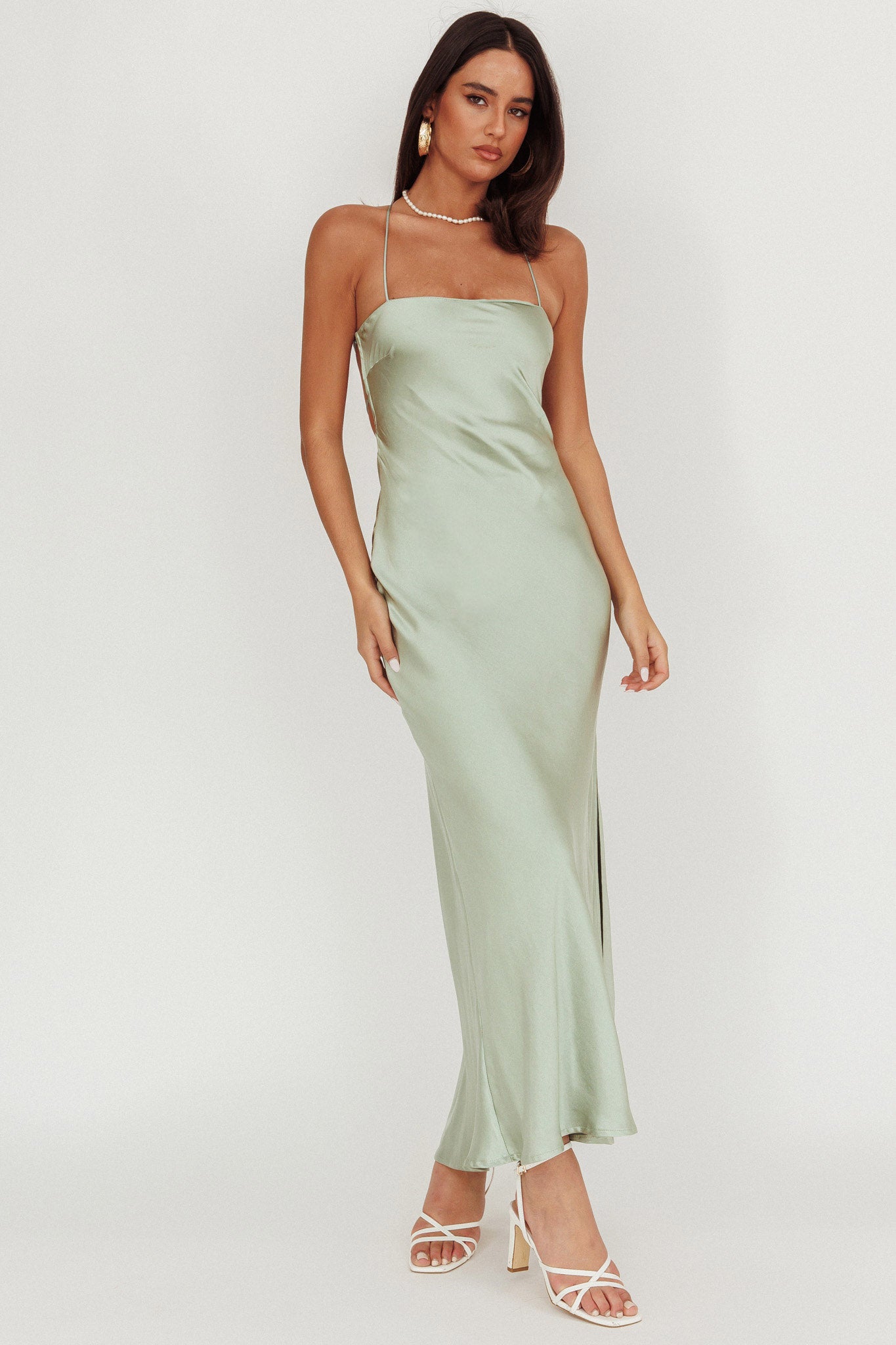 Dolce Life Backless Satin Maxi Dress Sage by Selfie Leslie Australia