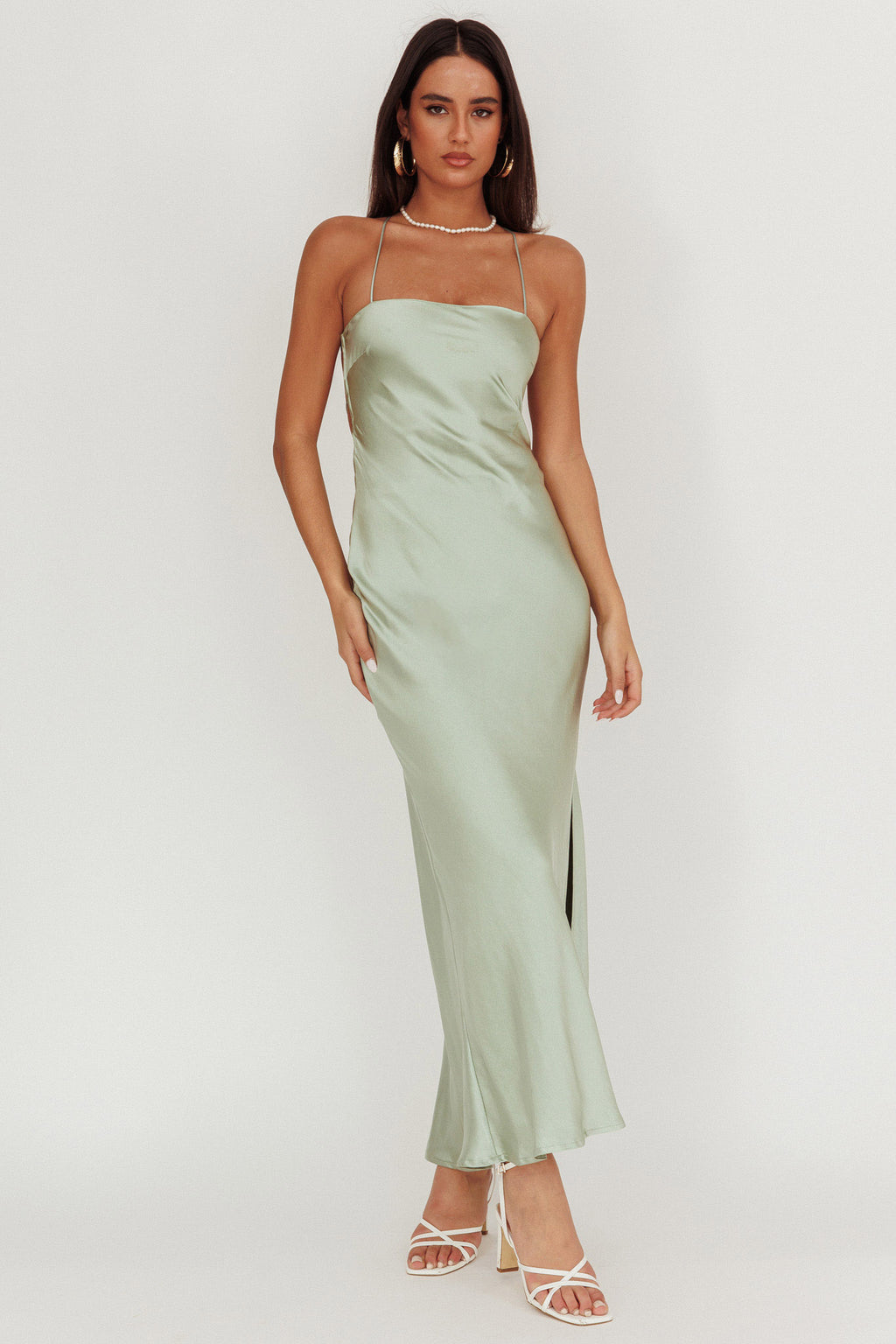 Dolce Life Backless Satin Maxi Dress Sage by Selfie Leslie Australia