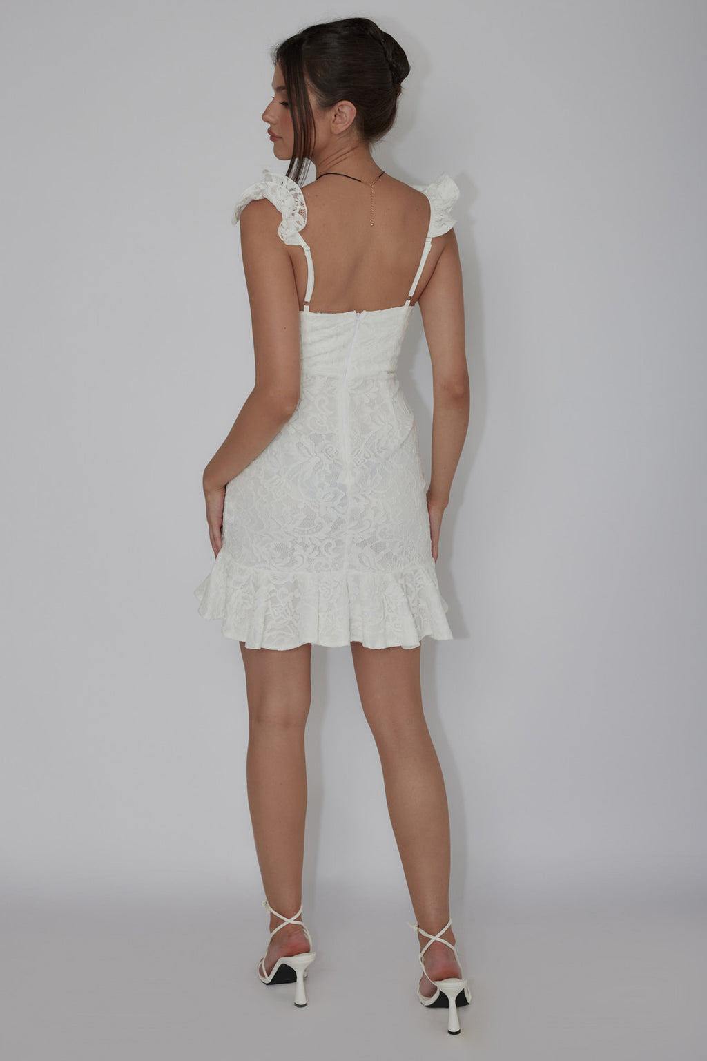 Kianna Ruffle Strap Lace Mini Dress White by Selfie Leslie Australia