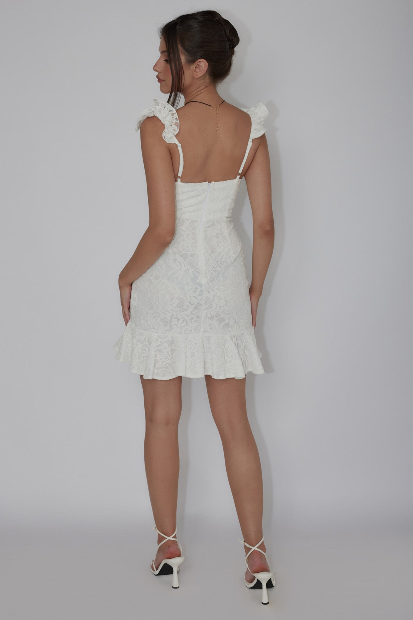 Kianna Ruffle Strap Lace Mini Dress White by Selfie Leslie Australia