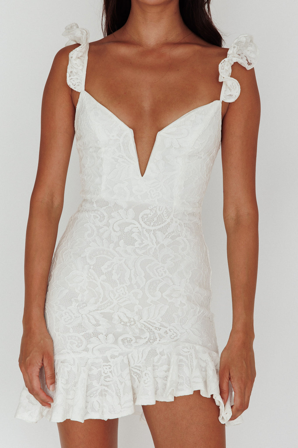 Kianna Ruffle Strap Lace Mini Dress White by Selfie Leslie Australia