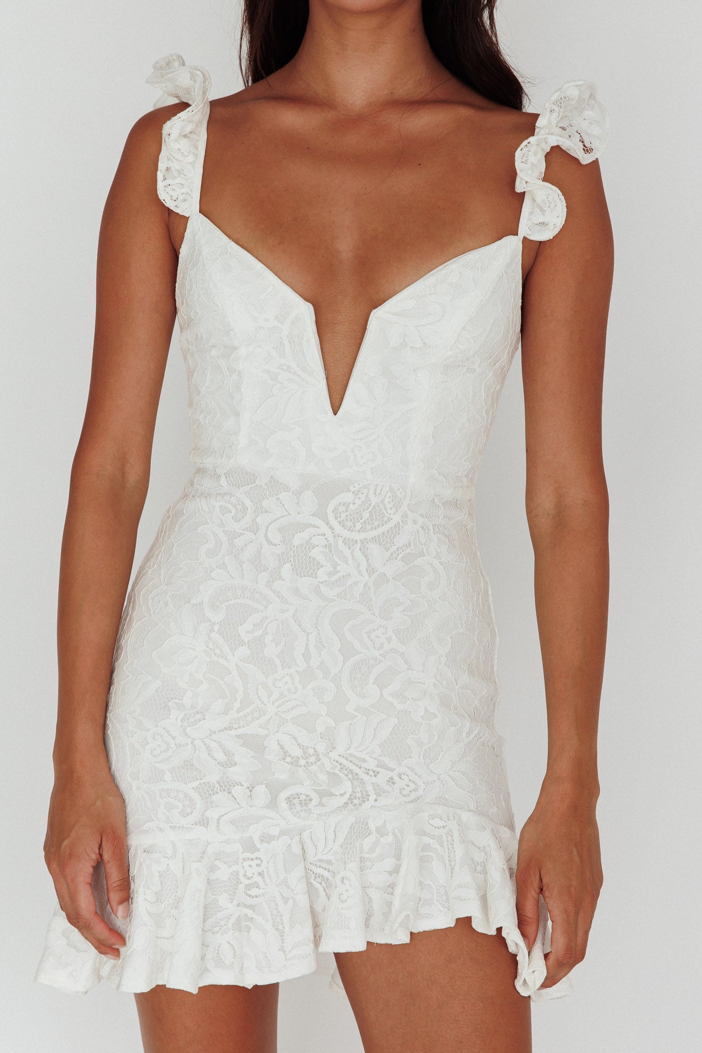 Kianna Ruffle Strap Lace Mini Dress White by Selfie Leslie Australia