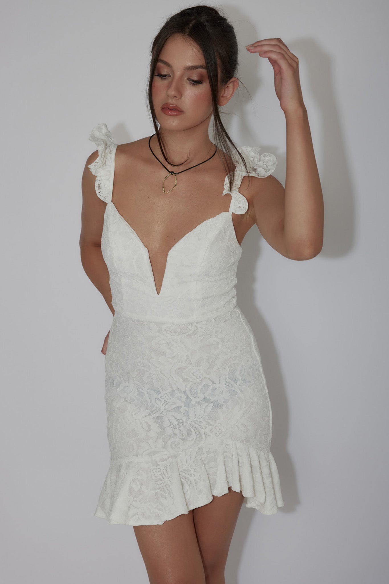 Kianna Ruffle Strap Lace Mini Dress White by Selfie Leslie Australia