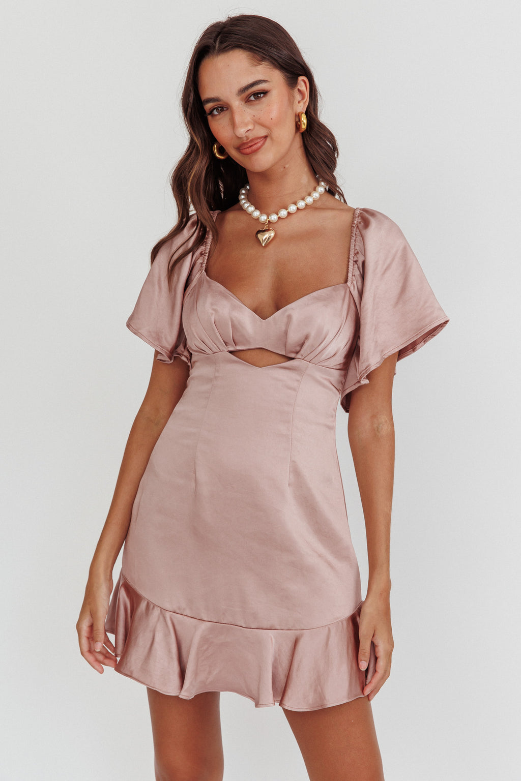 Eyes On You Pleated Bust Angel Sleeve Ruffle Hem Dress Blush by Selfie Leslie Australia