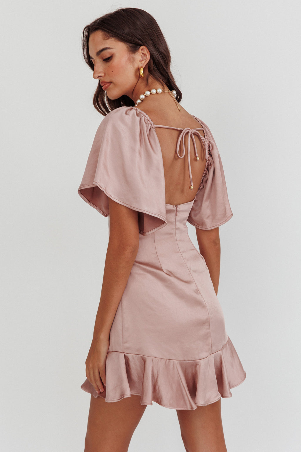Eyes On You Pleated Bust Angel Sleeve Ruffle Hem Dress Blush by Selfie Leslie Australia