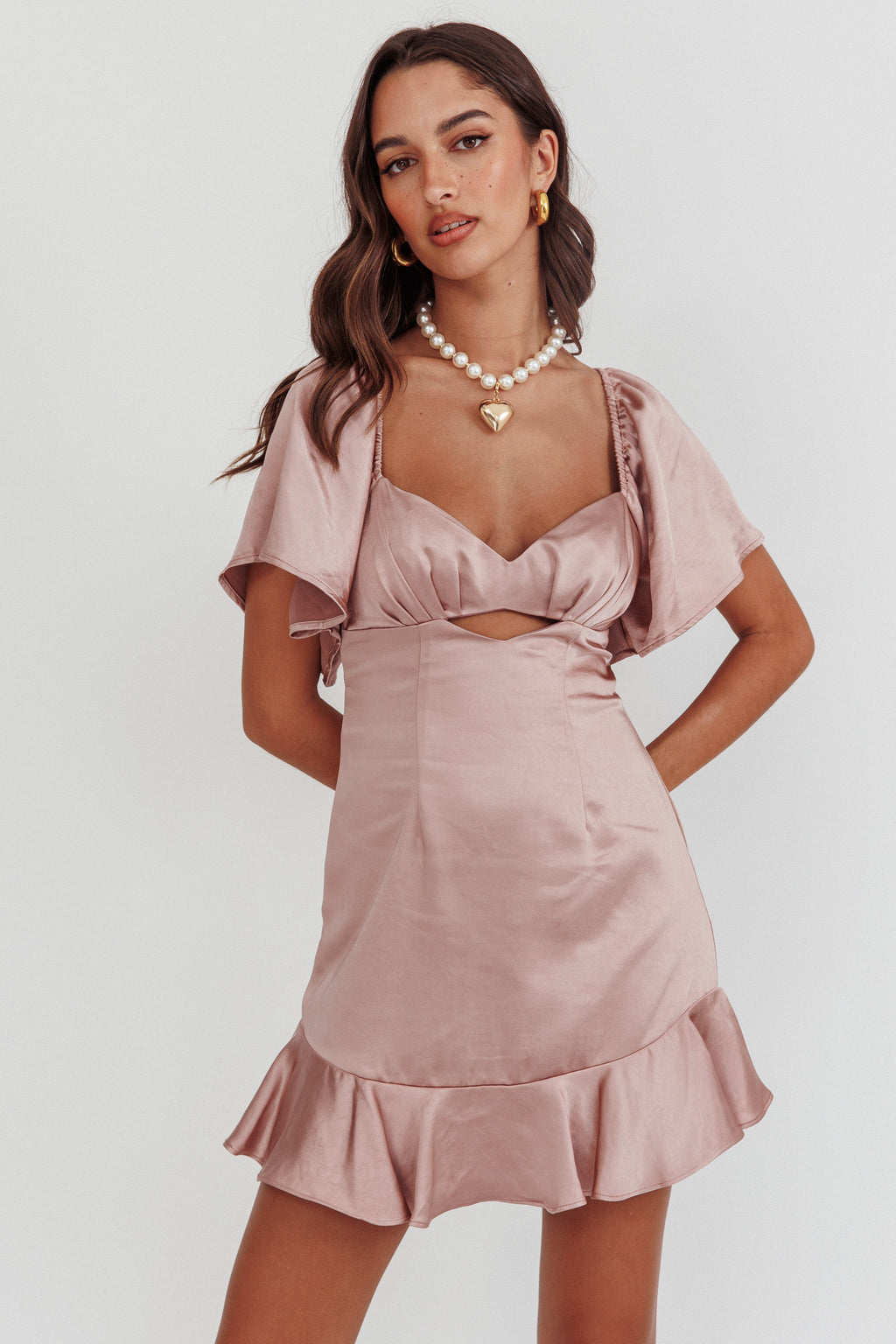 Eyes On You Pleated Bust Angel Sleeve Ruffle Hem Dress Blush by Selfie Leslie Australia