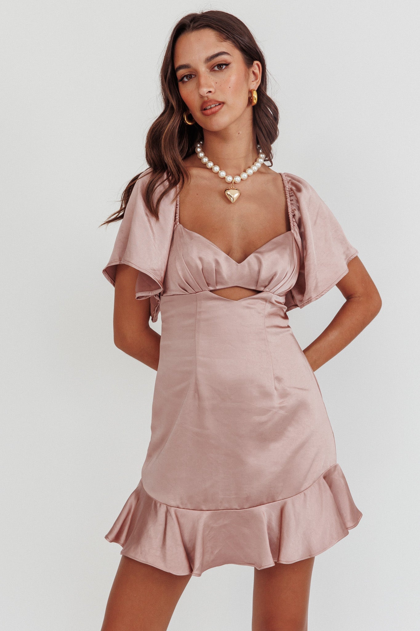Eyes On You Pleated Bust Angel Sleeve Ruffle Hem Dress Blush by Selfie Leslie Australia