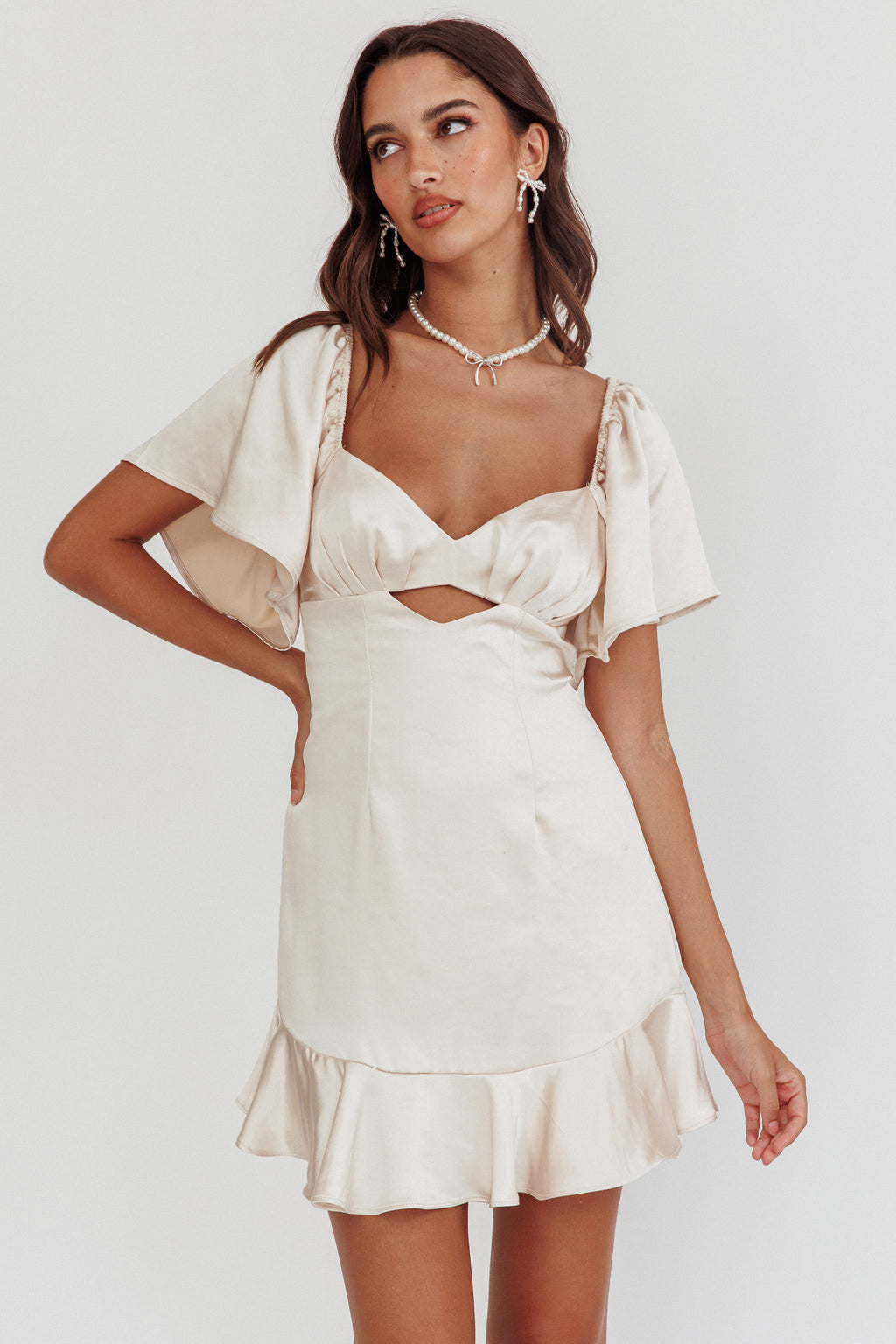 Eyes On You Pleated Bust Angel Sleeve Ruffle Hem Dress Champagne by Selfie Leslie Australia