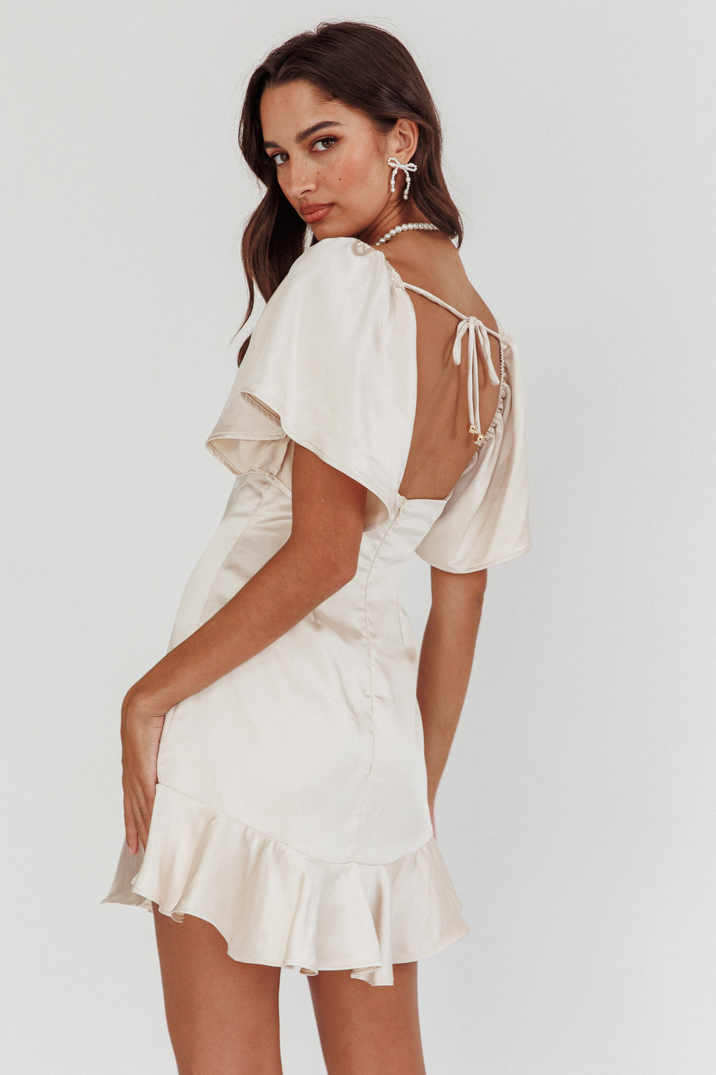 Eyes On You Pleated Bust Angel Sleeve Ruffle Hem Dress Champagne by Selfie Leslie Australia
