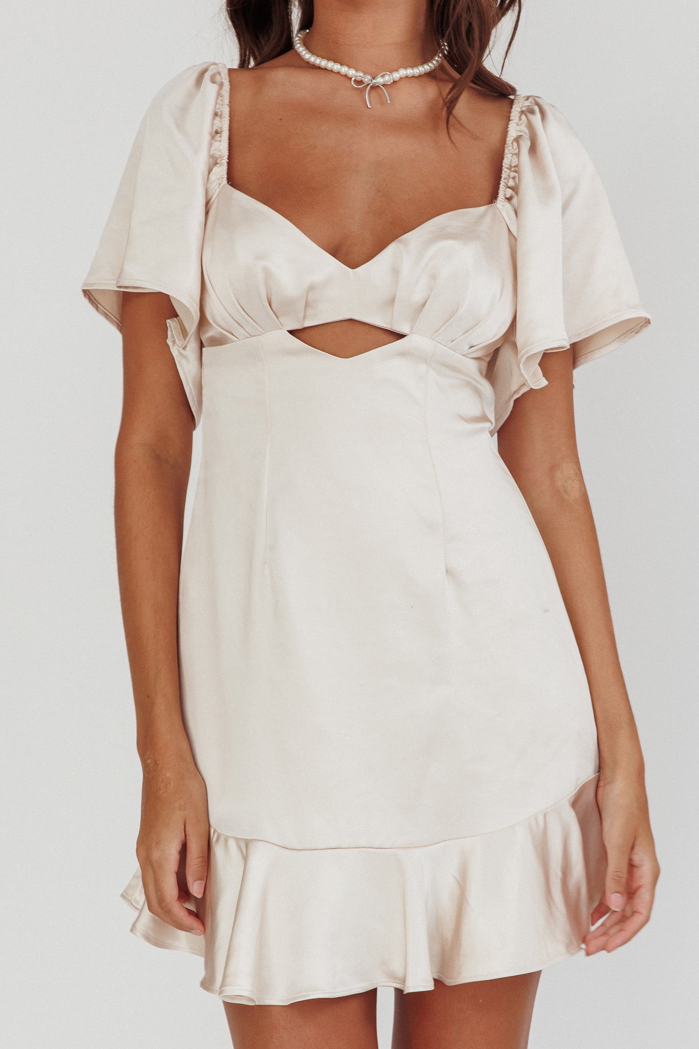 Eyes On You Pleated Bust Angel Sleeve Ruffle Hem Dress Champagne by Selfie Leslie Australia