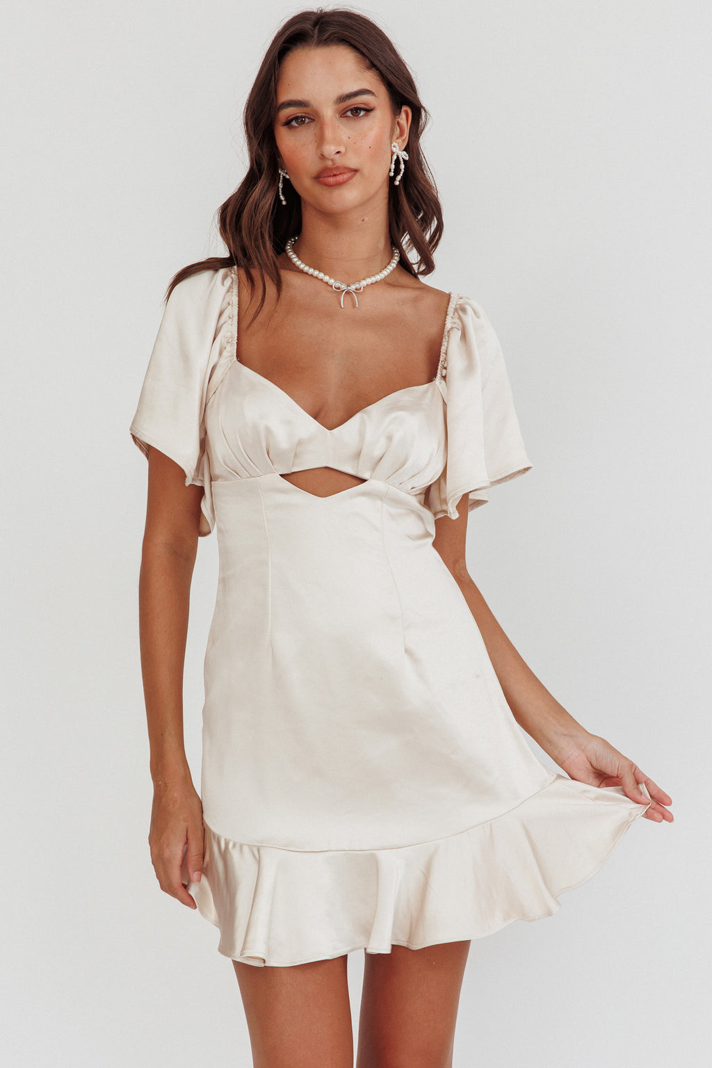 Eyes On You Pleated Bust Angel Sleeve Ruffle Hem Dress Champagne by Selfie Leslie Australia