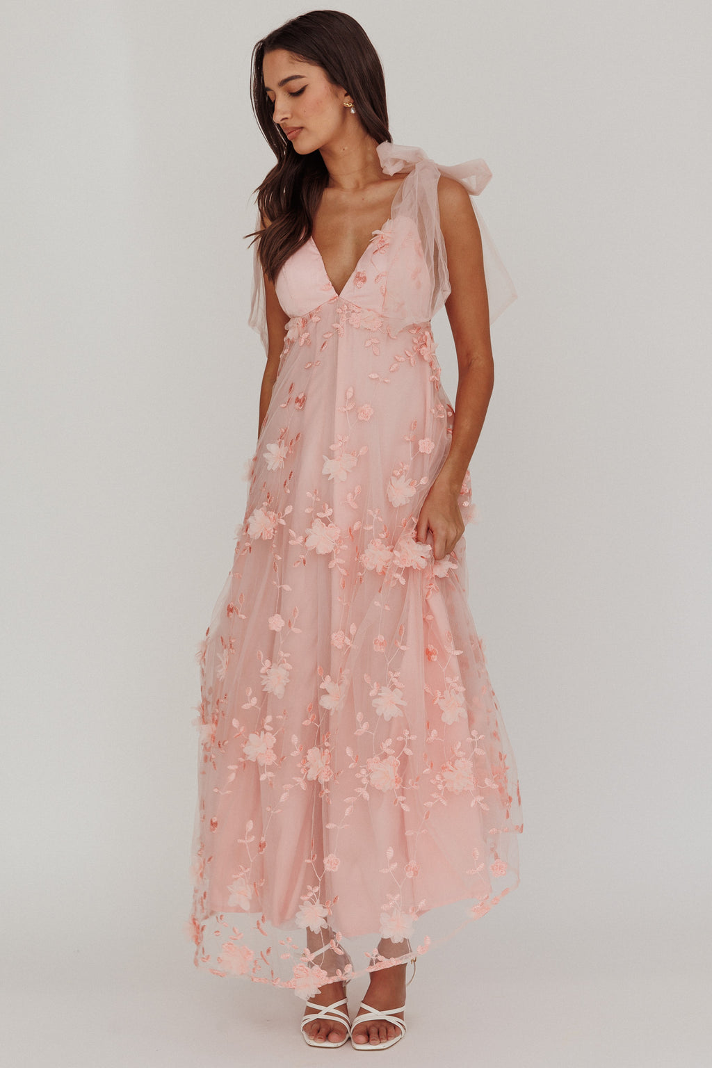 Chantilly Tied Shoulder Maxi Dress Blush by Selfie Leslie Australia