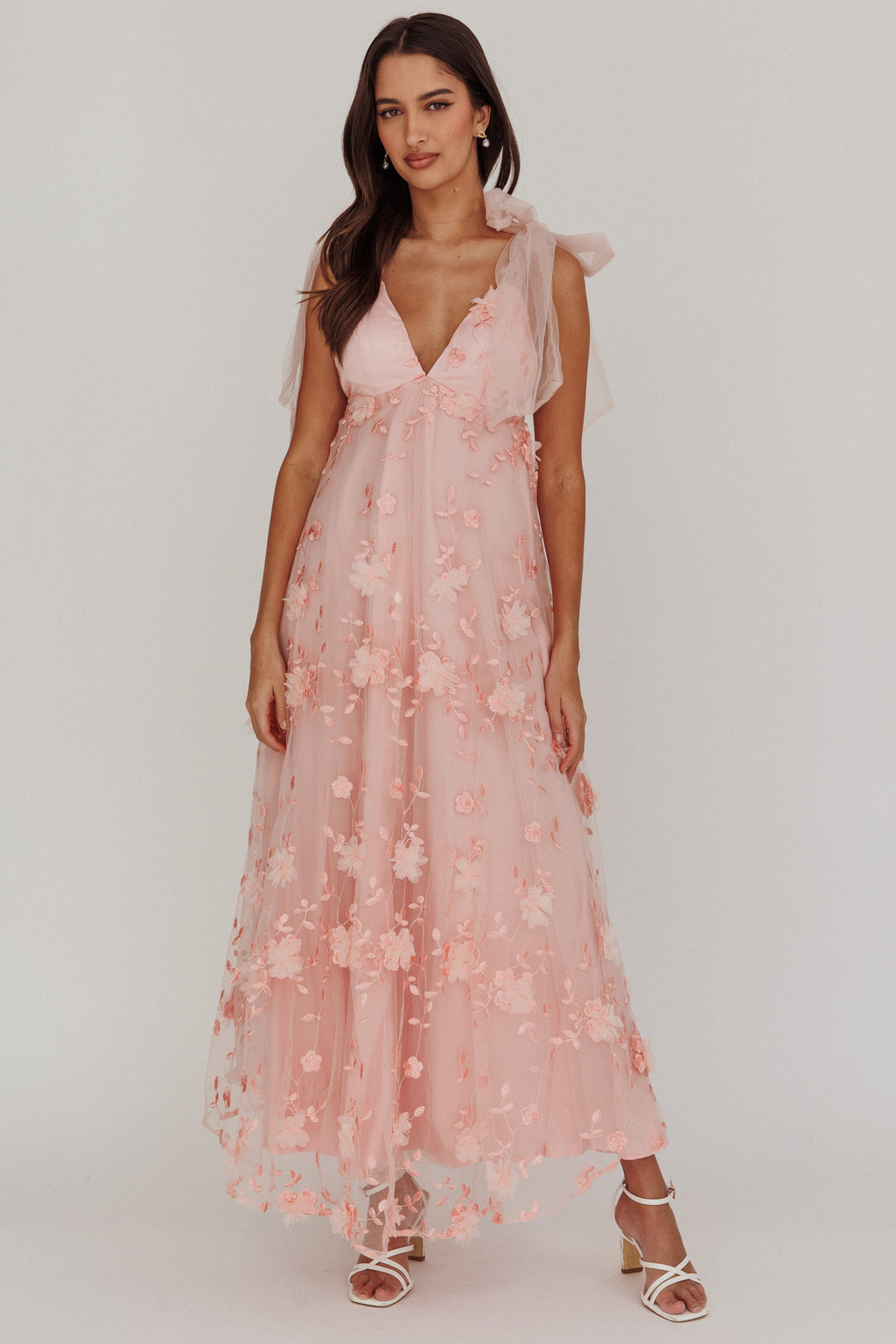 Chantilly Tied Shoulder Maxi Dress Blush by Selfie Leslie Australia
