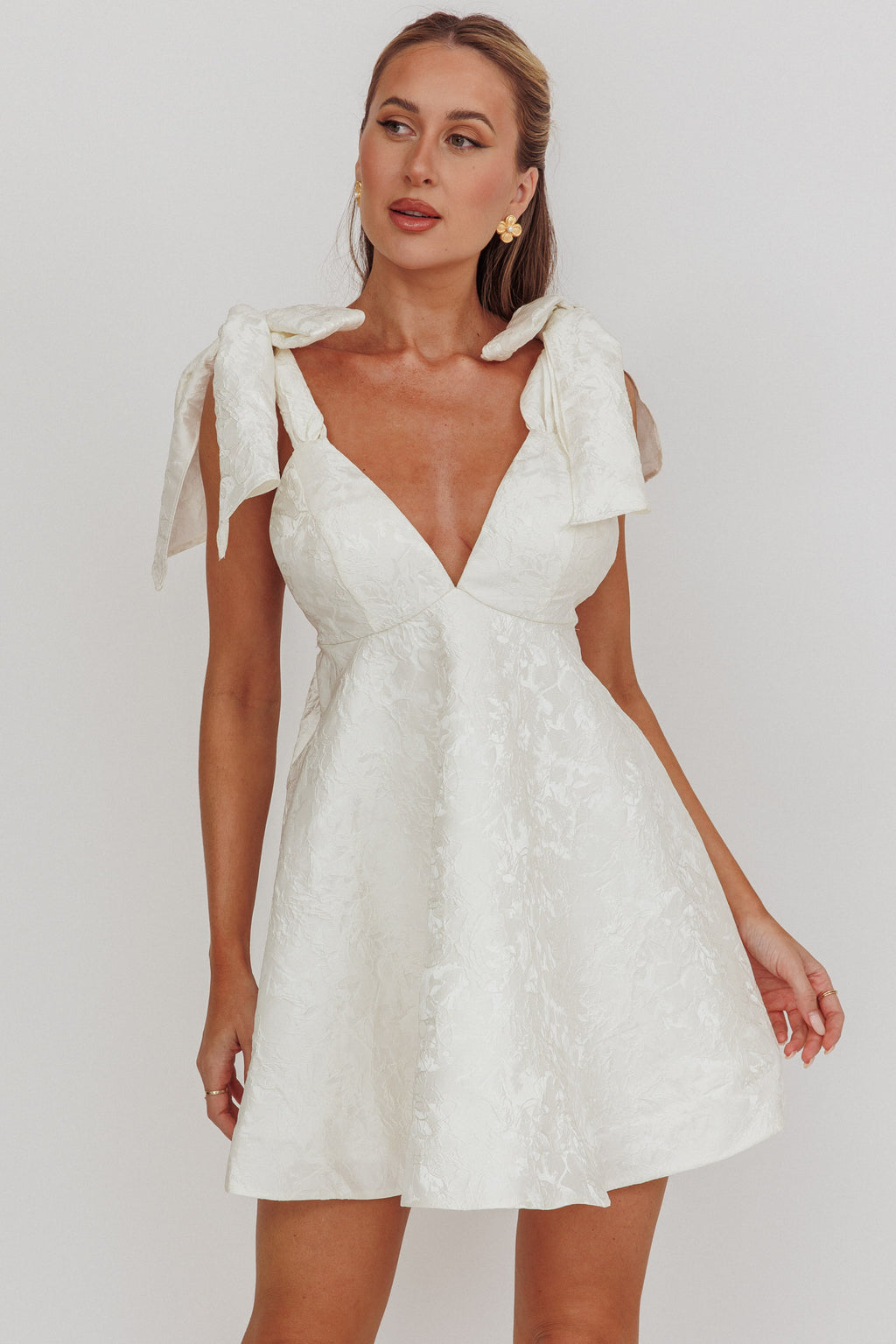 Chantilly Tied Shoulder Jacquard Mini Dress White by Selfie Leslie Australia