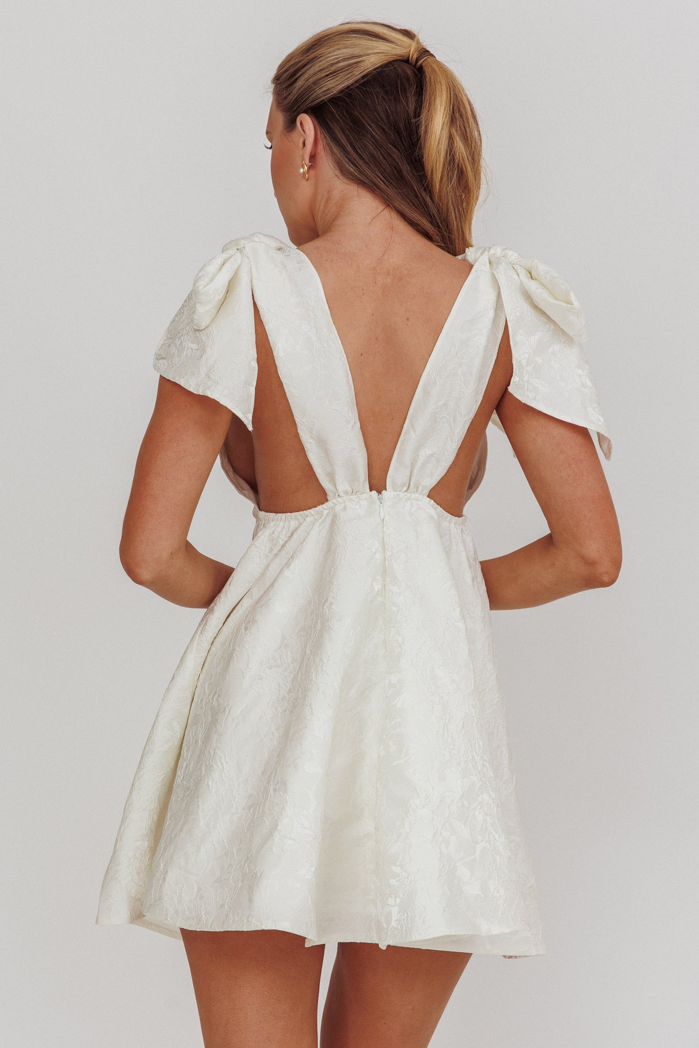 Chantilly Tied Shoulder Jacquard Mini Dress White by Selfie Leslie Australia