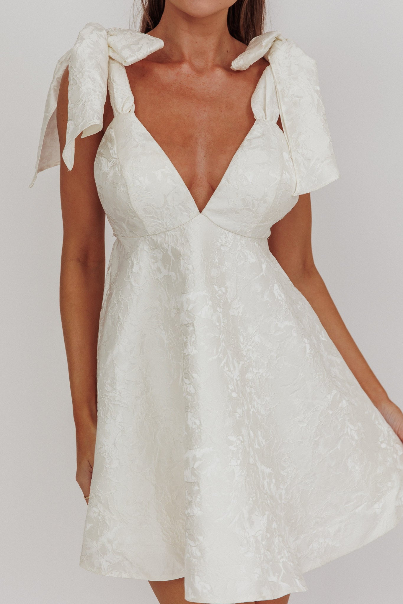 Chantilly Tied Shoulder Jacquard Mini Dress White by Selfie Leslie Australia