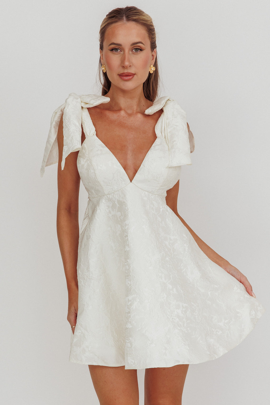 Chantilly Tied Shoulder Jacquard Mini Dress White by Selfie Leslie Australia