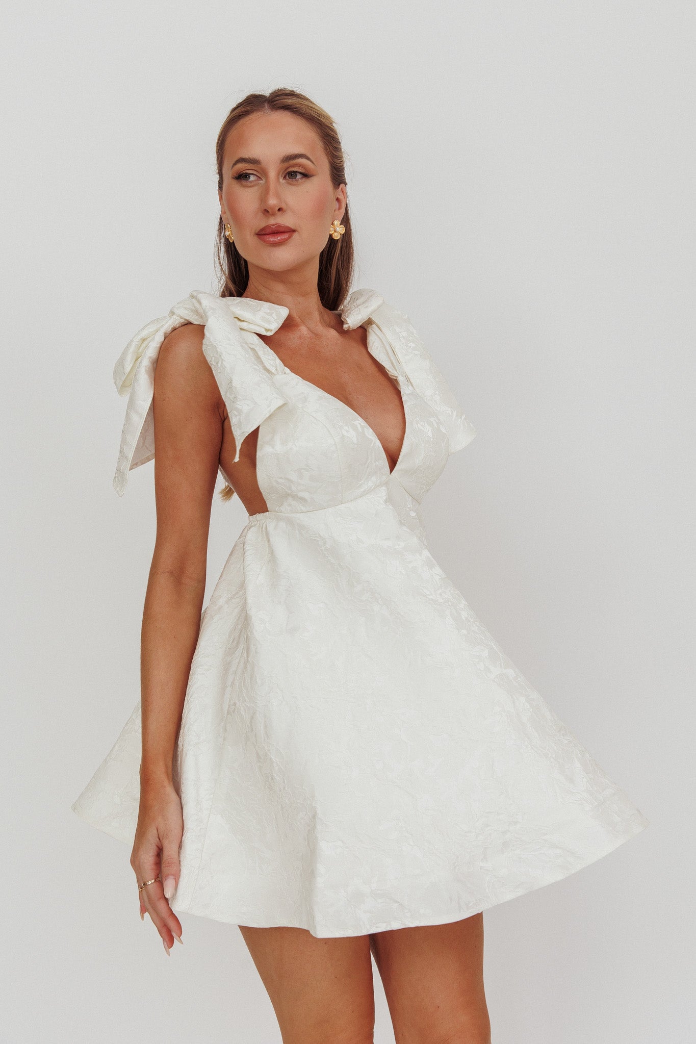 Chantilly Tied Shoulder Jacquard Mini Dress White by Selfie Leslie Australia