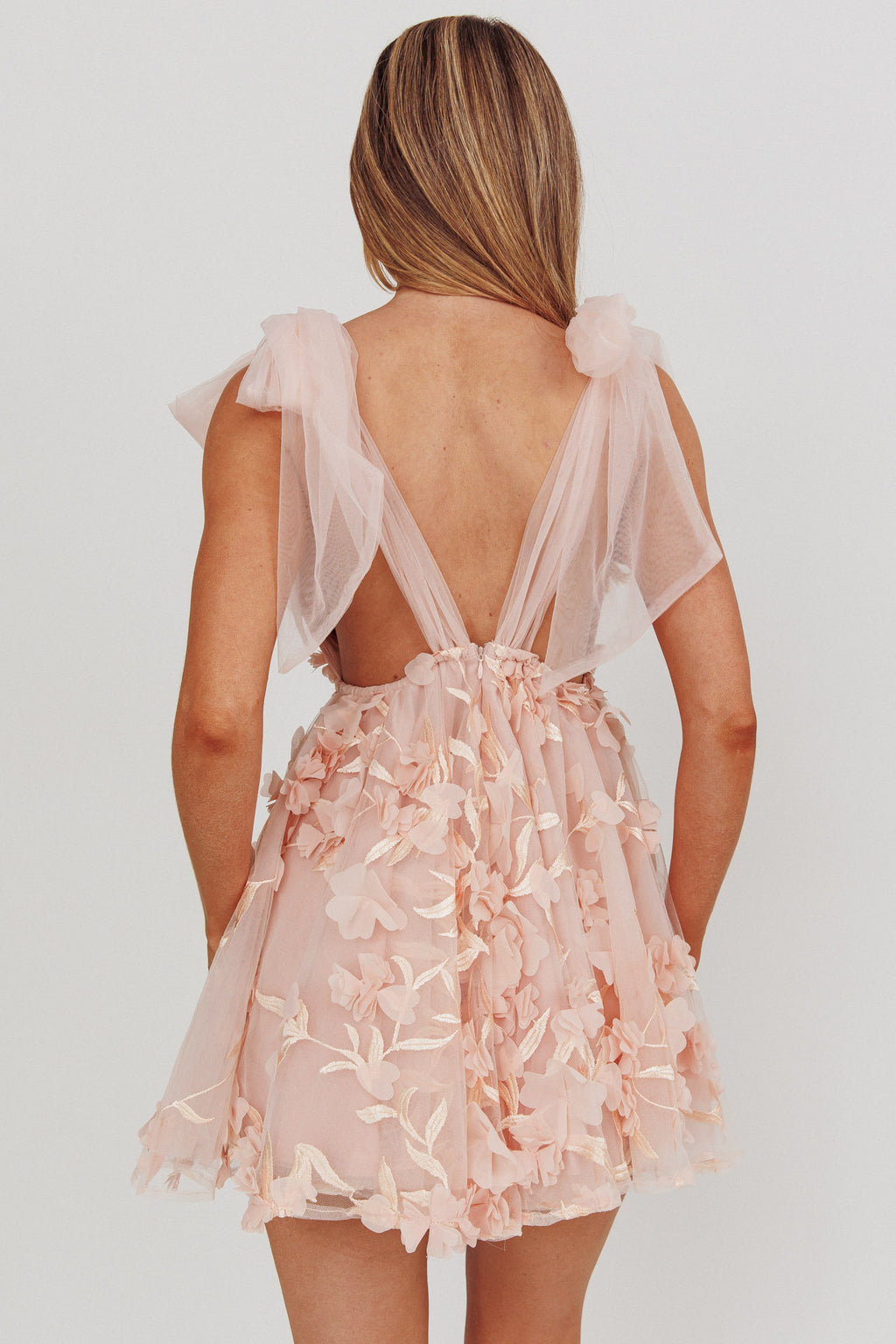 Chantilly Tied Shoulder Mini Dress Floral Embellished Pink by Selfie Leslie Australia