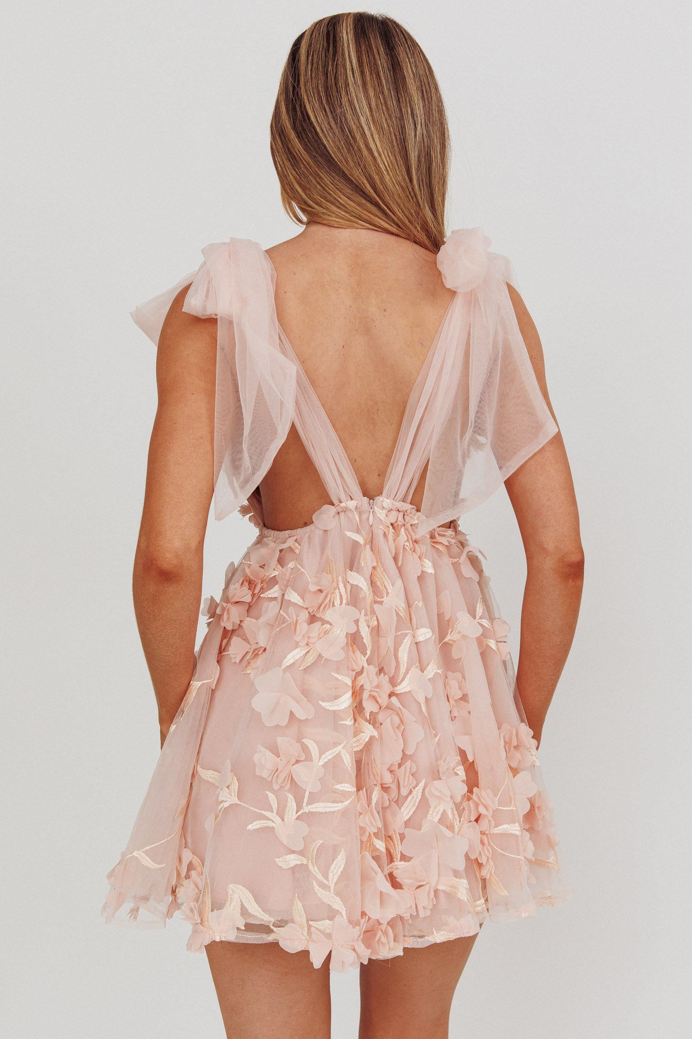 Chantilly Tied Shoulder Mini Dress Floral Embellished Pink by Selfie Leslie Australia
