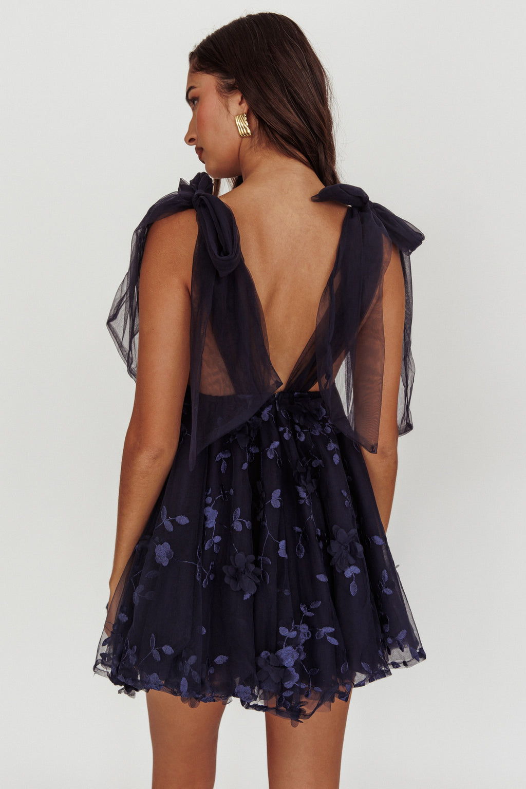 Chantilly Tied Shoulder Mini Dress Navy by Selfie Leslie Australia