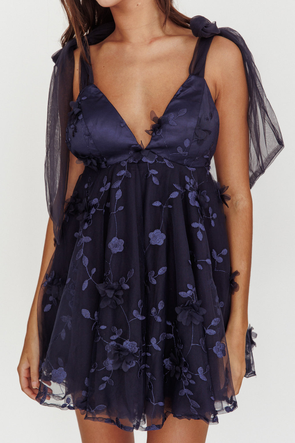 Chantilly Tied Shoulder Mini Dress Navy by Selfie Leslie Australia