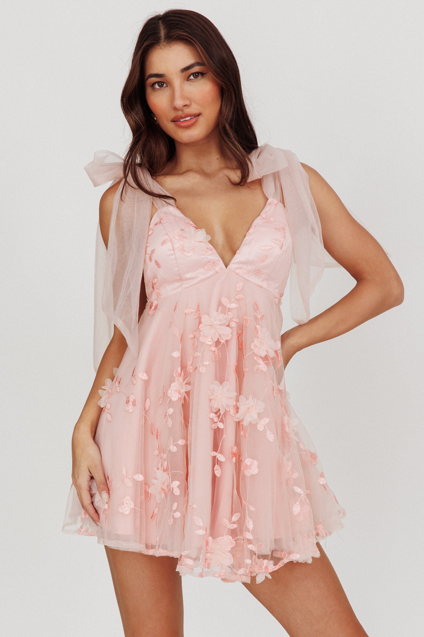 Chantilly Tied Shoulder Mini Dress Pink by Selfie Leslie Australia
